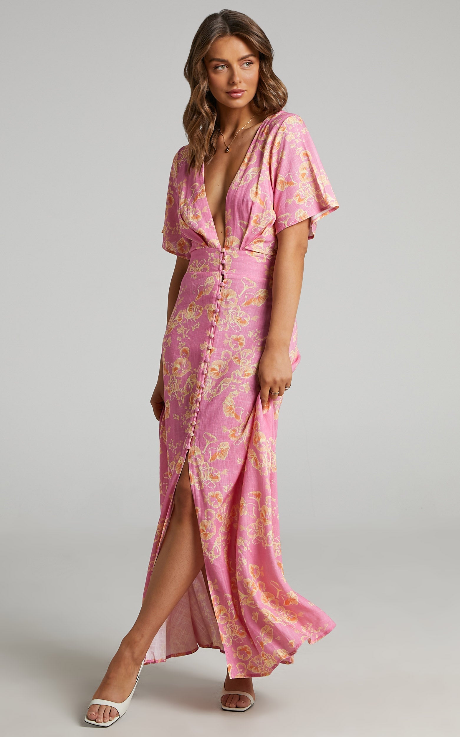 Argustina Midi Dress - Linen Plunge Button Down Front Dress in Floral Fantasia