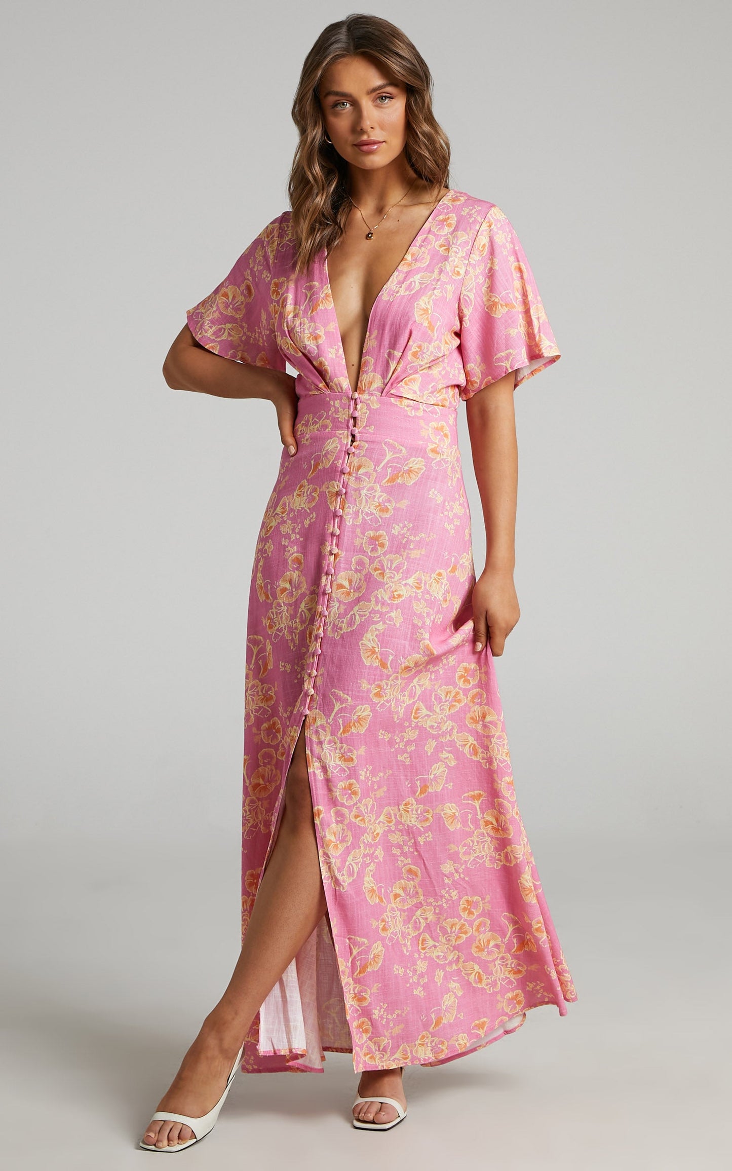 Argustina Midi Dress - Linen Plunge Button Down Front Dress in Floral Fantasia