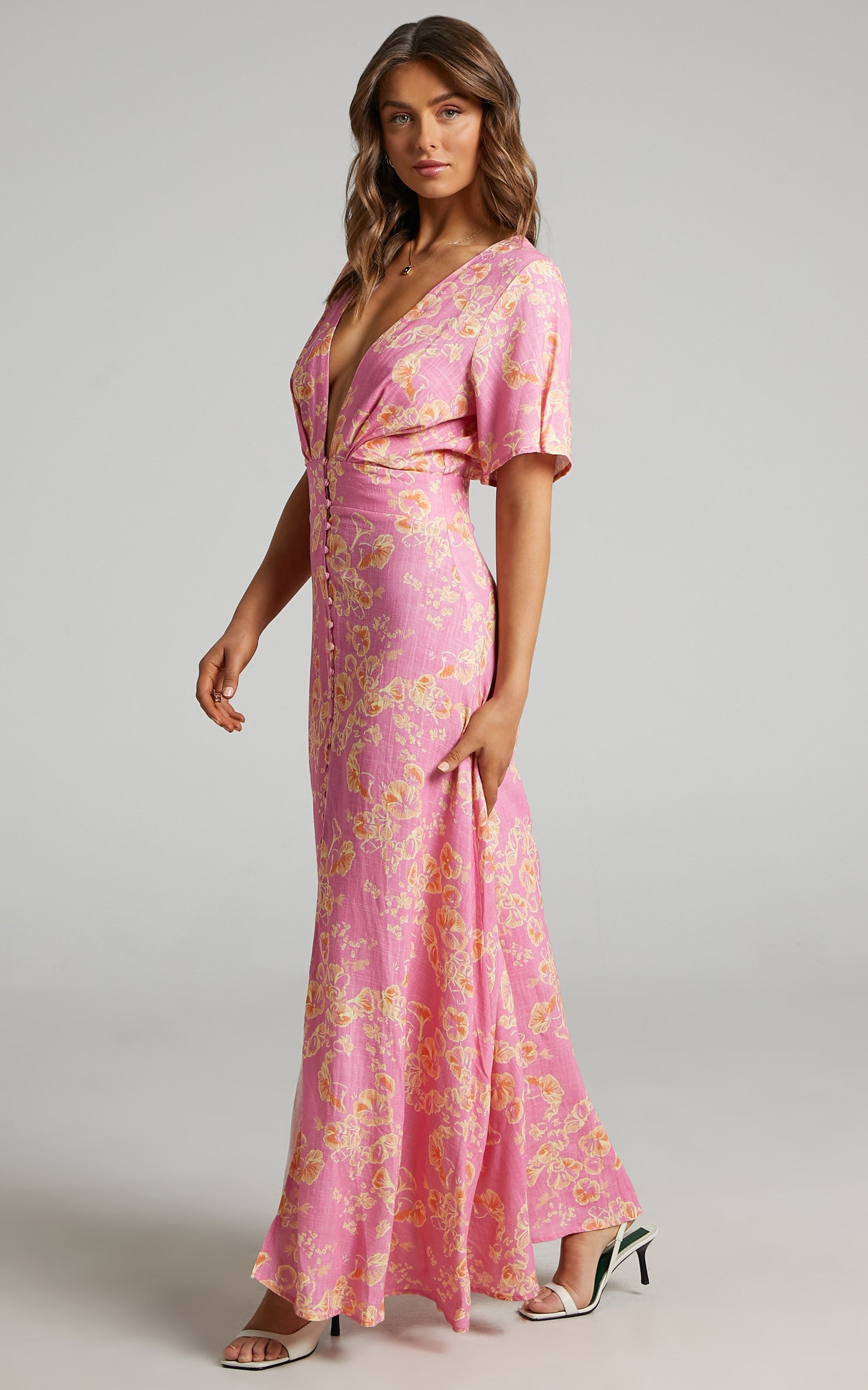 Argustina Midi Dress - Linen Plunge Button Down Front Dress in Floral Fantasia