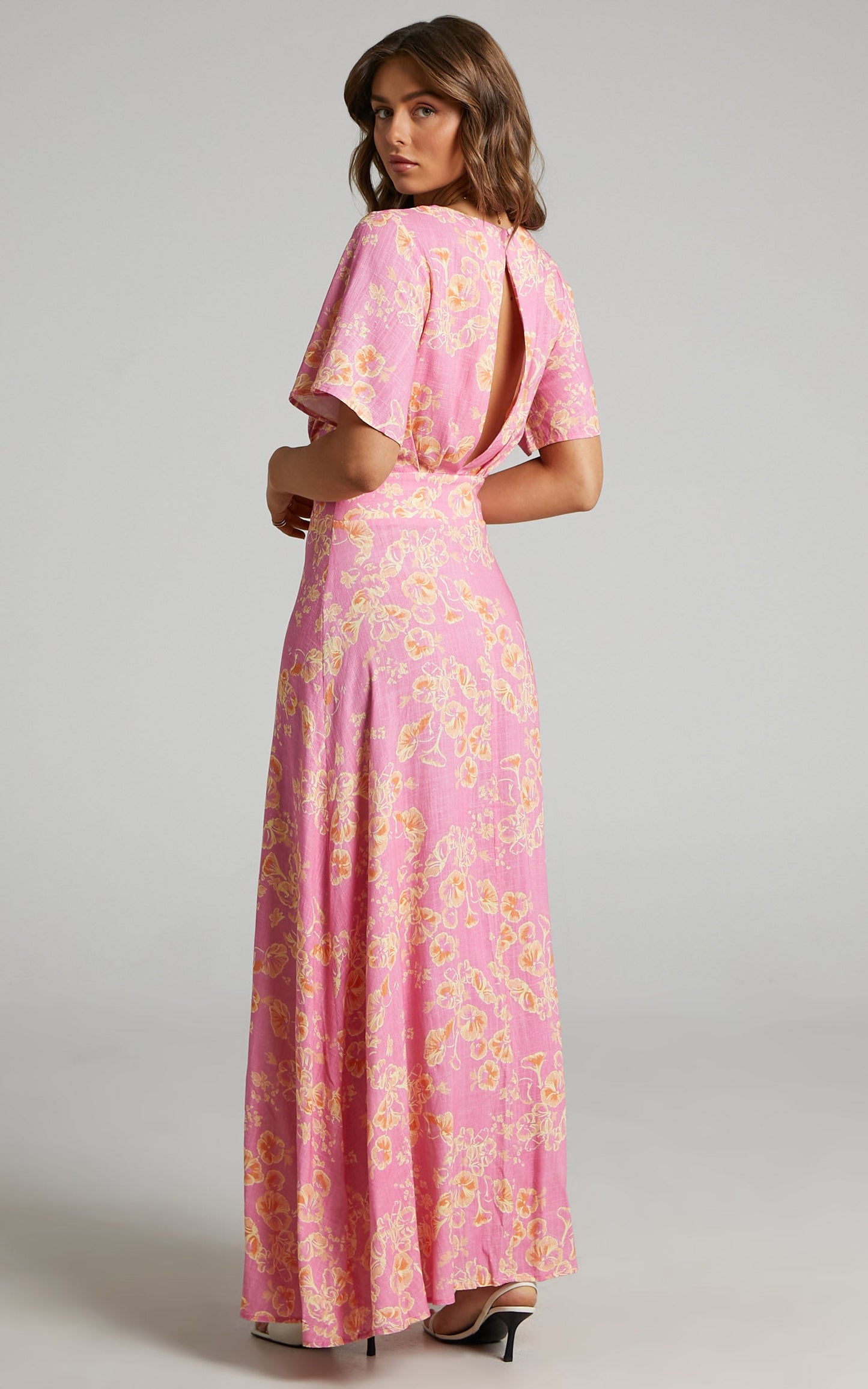 Argustina Midi Dress - Linen Plunge Button Down Front Dress in Floral Fantasia