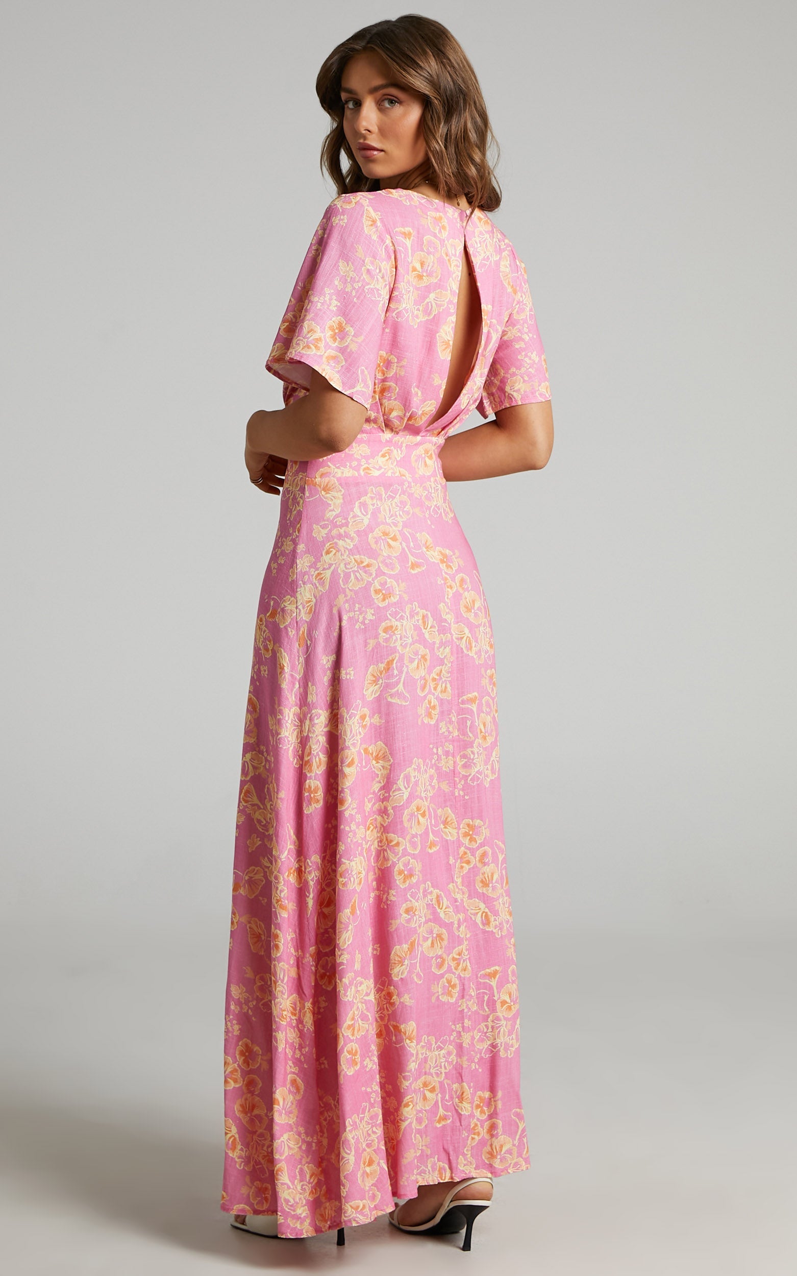 Argustina Midi Dress - Linen Plunge Button Down Front Dress in Floral Fantasia