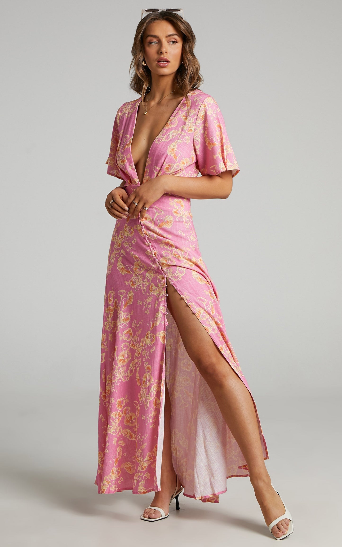 Argustina Midi Dress - Linen Plunge Button Down Front Dress in Floral Fantasia