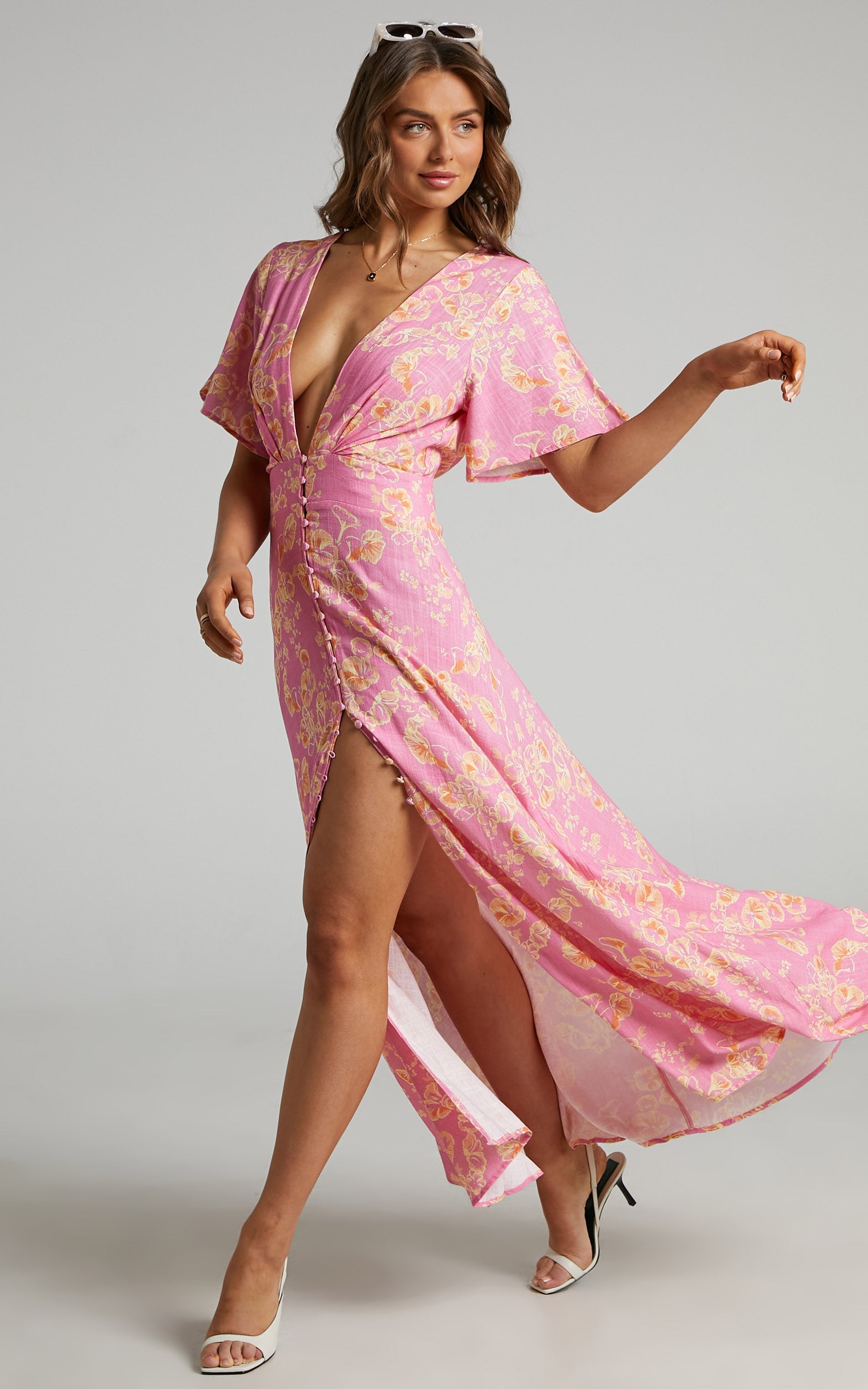 Argustina Midi Dress - Linen Plunge Button Down Front Dress in Floral Fantasia