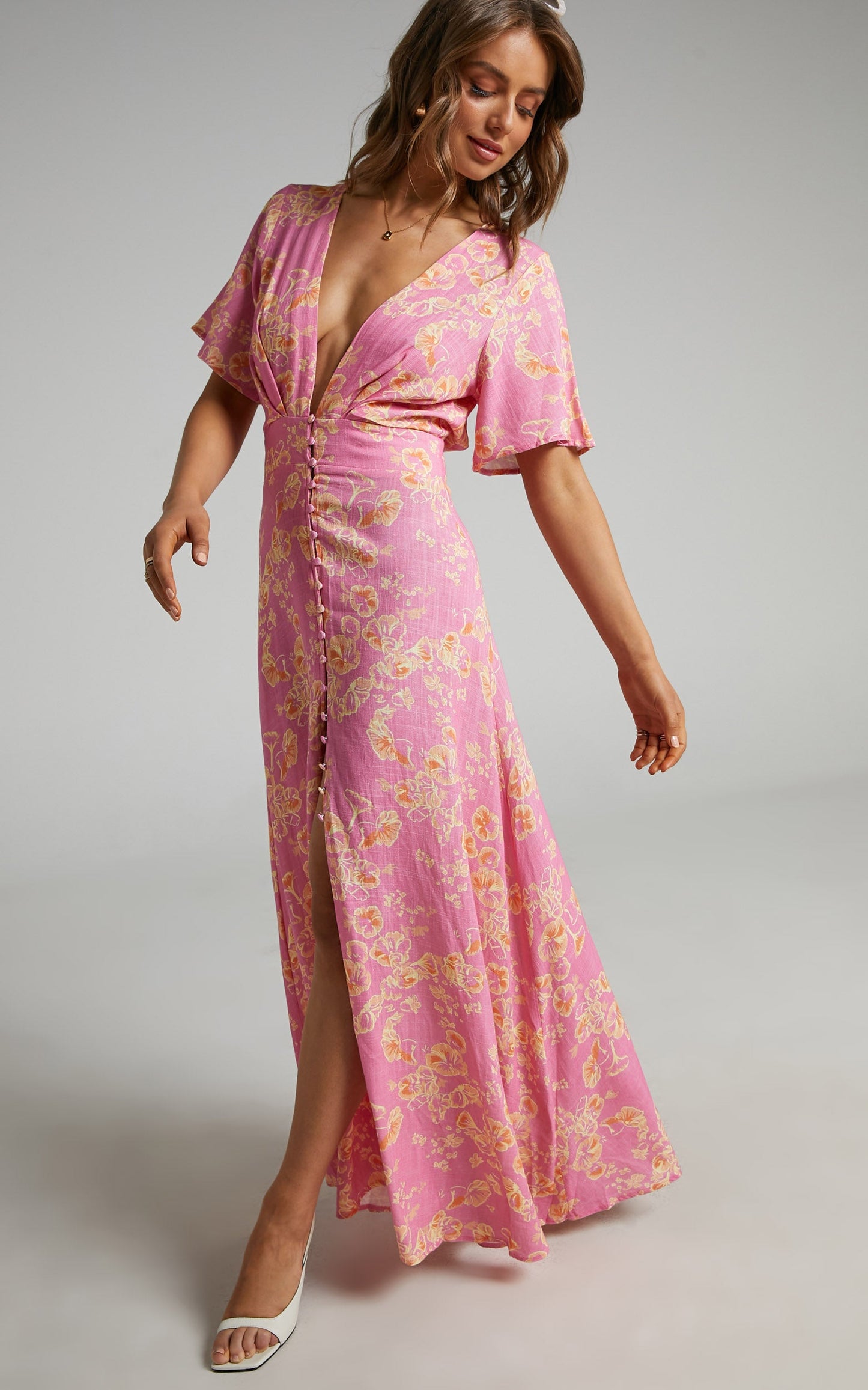 Argustina Midi Dress - Linen Plunge Button Down Front Dress in Floral Fantasia