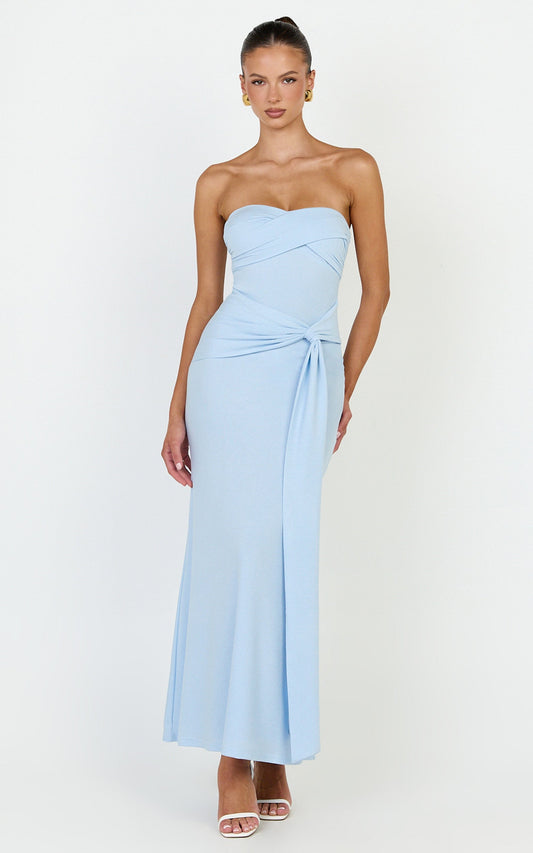 Aria Midi Dress - Strapless Tie Waist Dress in Light Blue