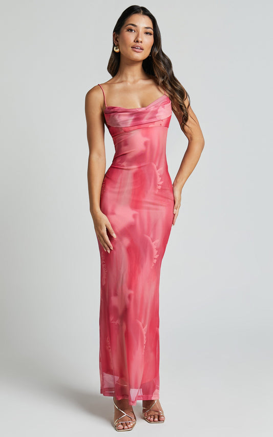 Ariel Midi Dress - Mesh Bodycon Tie Detail Dress in Pink