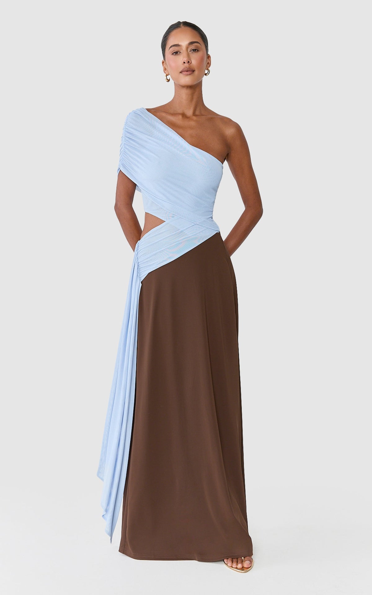 Arielle Maxi Dress - One Shoulder Sash Detail Cut Out Colour Block Dress in Blue/Chocolate Contrast