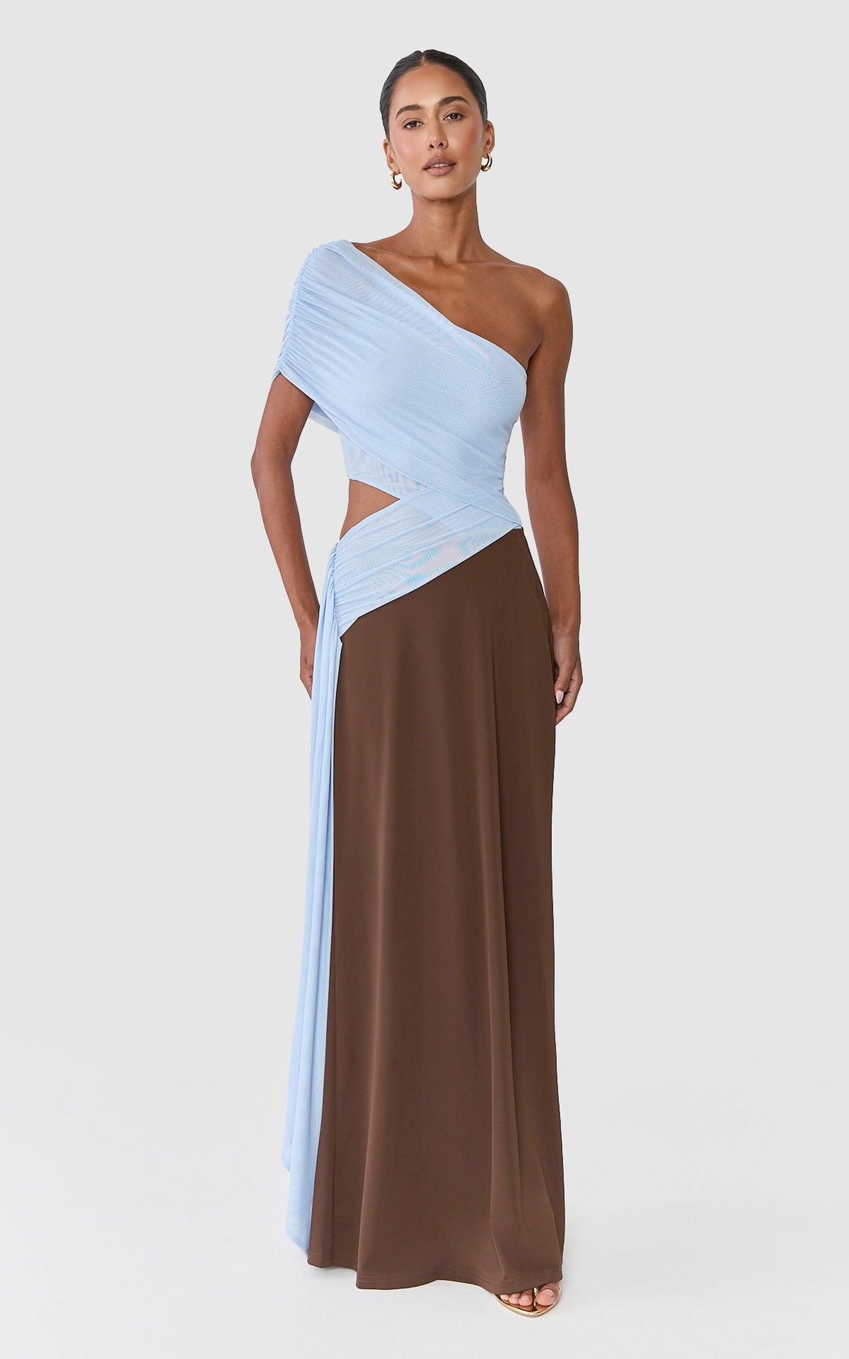 Arielle Maxi Dress - One Shoulder Sash Detail Cut Out Colour Block Dress in Blue/Chocolate Contrast