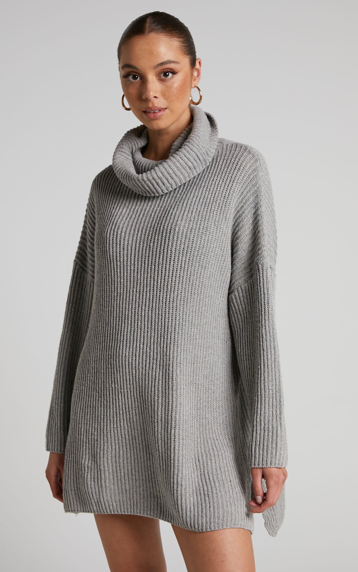 Ariene Jumper Dress - Oversized Turtle Neck Knit Dress in Grey