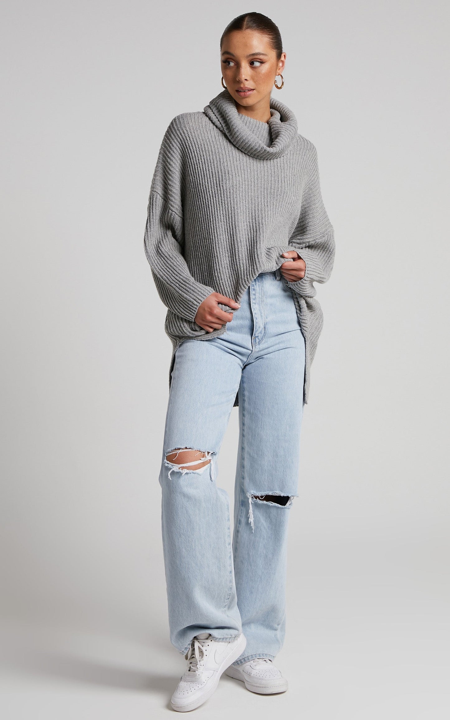 Ariene Jumper Dress - Oversized Turtle Neck Knit Dress in Grey