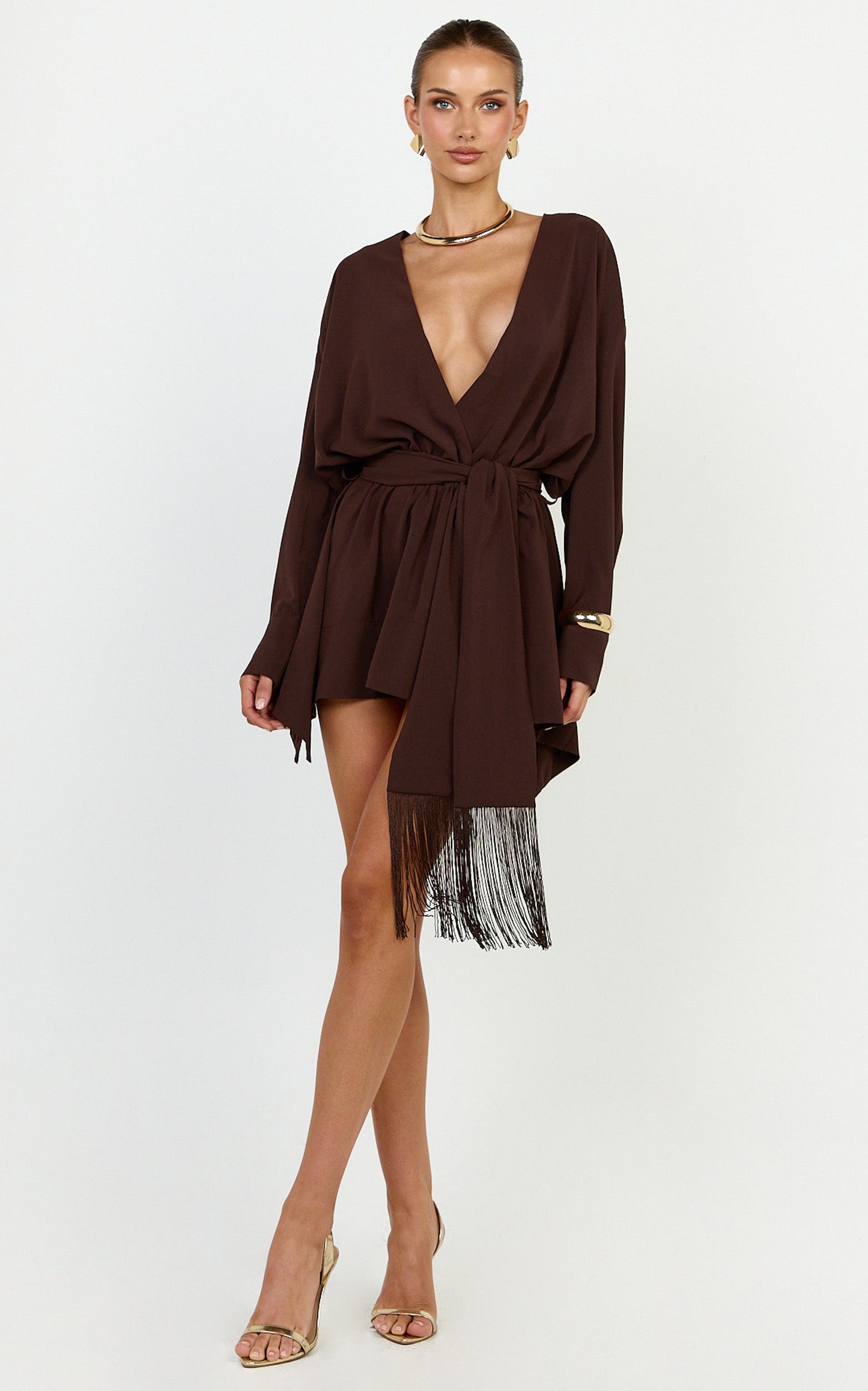 Ariette Mini Dress - Plunge Neck Tassel Detail Belt Dress in Chocolate
