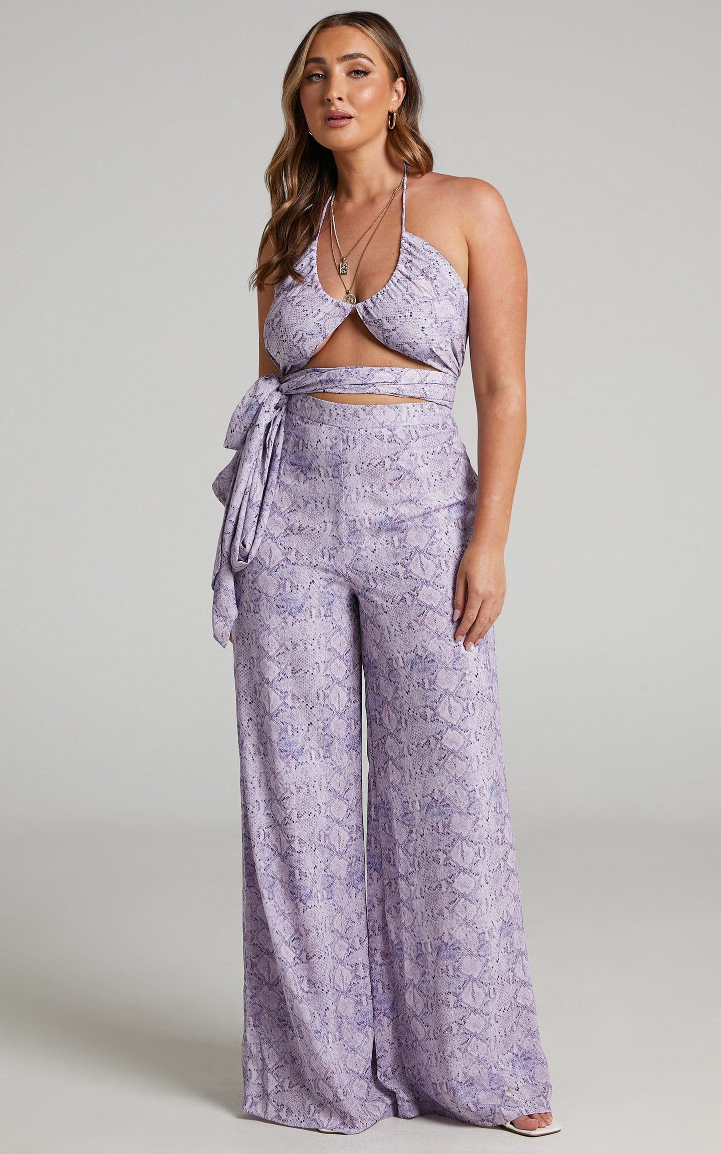 Ariha High Waist Wide Leg Pants in Lilac Snake Print