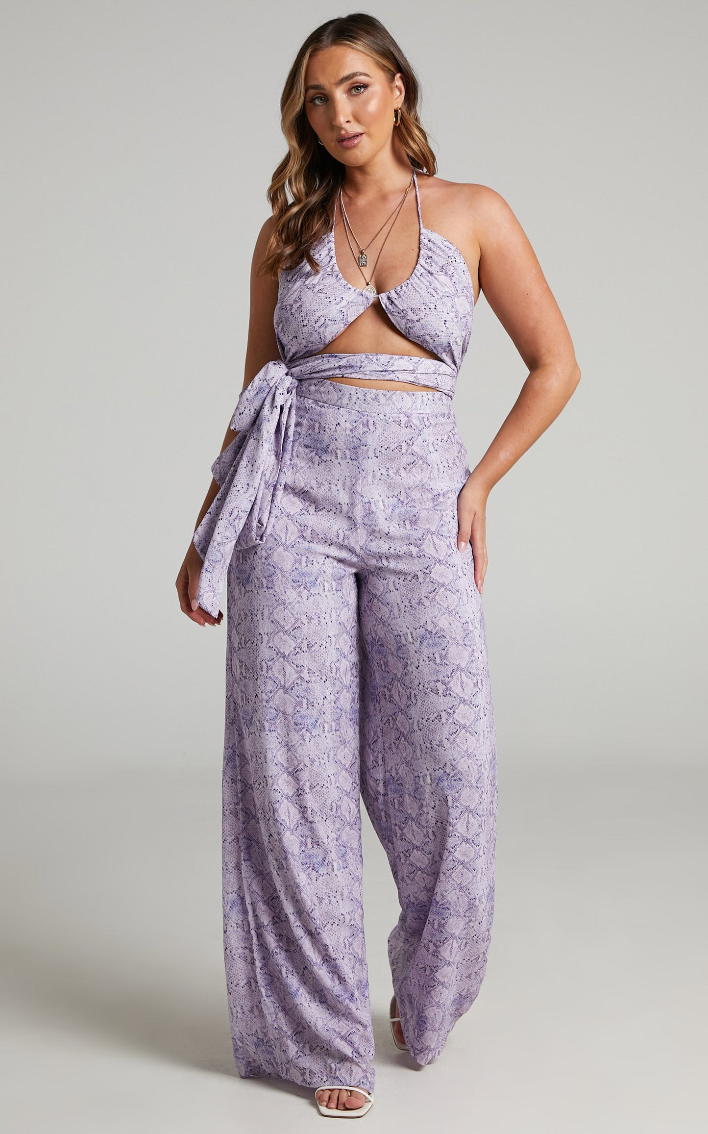 Ariha High Waist Wide Leg Pants in Lilac Snake Print