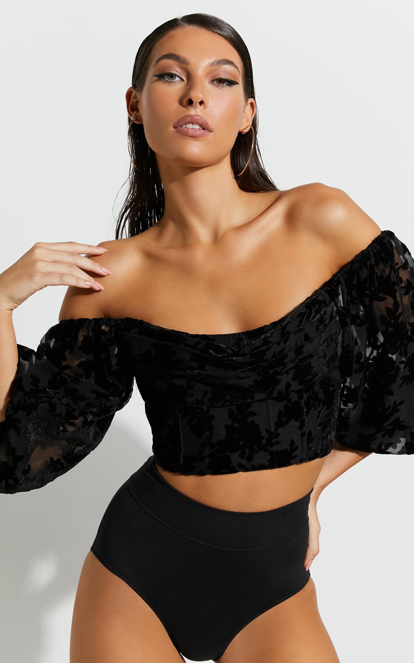 Arisa Top - Off Shoulder Velvet Burnout Long Sleeve Top in Black