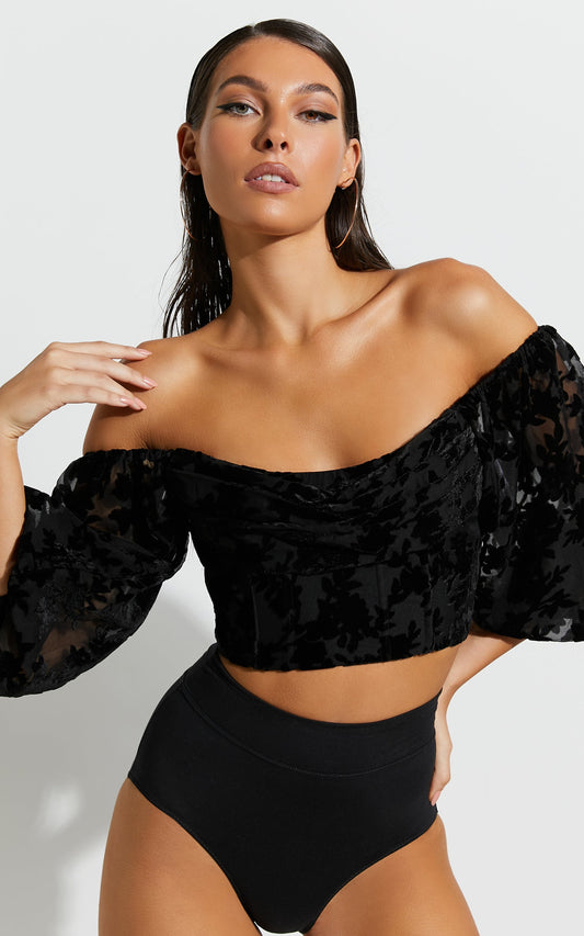 Arisa Top - Off Shoulder Velvet Burnout Long Sleeve Top in Black