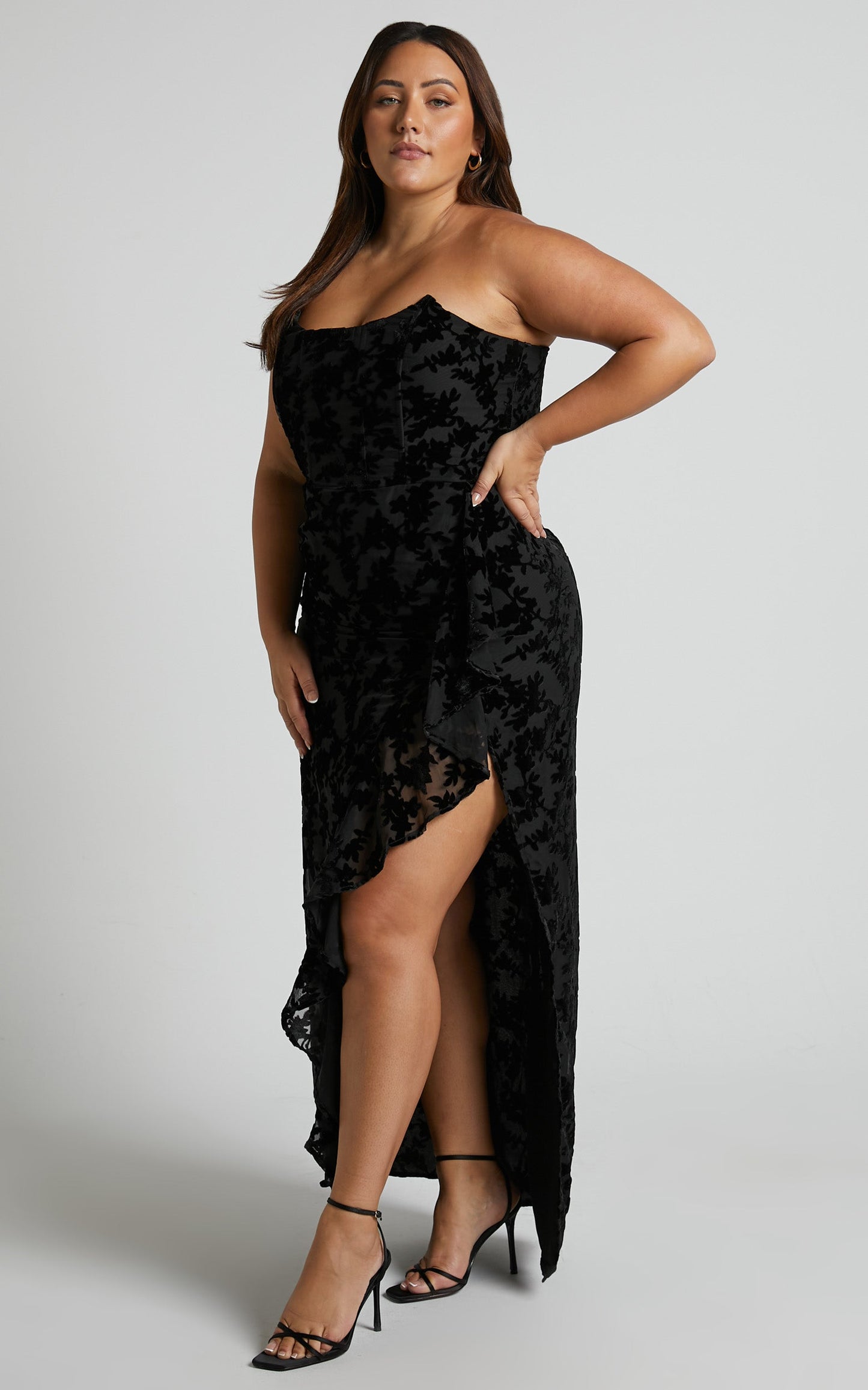 Arisa Midi Dress - Strapless Velvet Burnout Ruffle Dress in Black