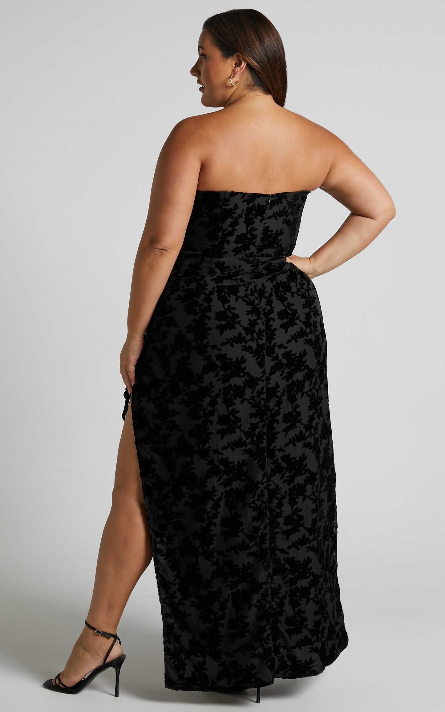 Arisa Midi Dress - Strapless Velvet Burnout Ruffle Dress in Black