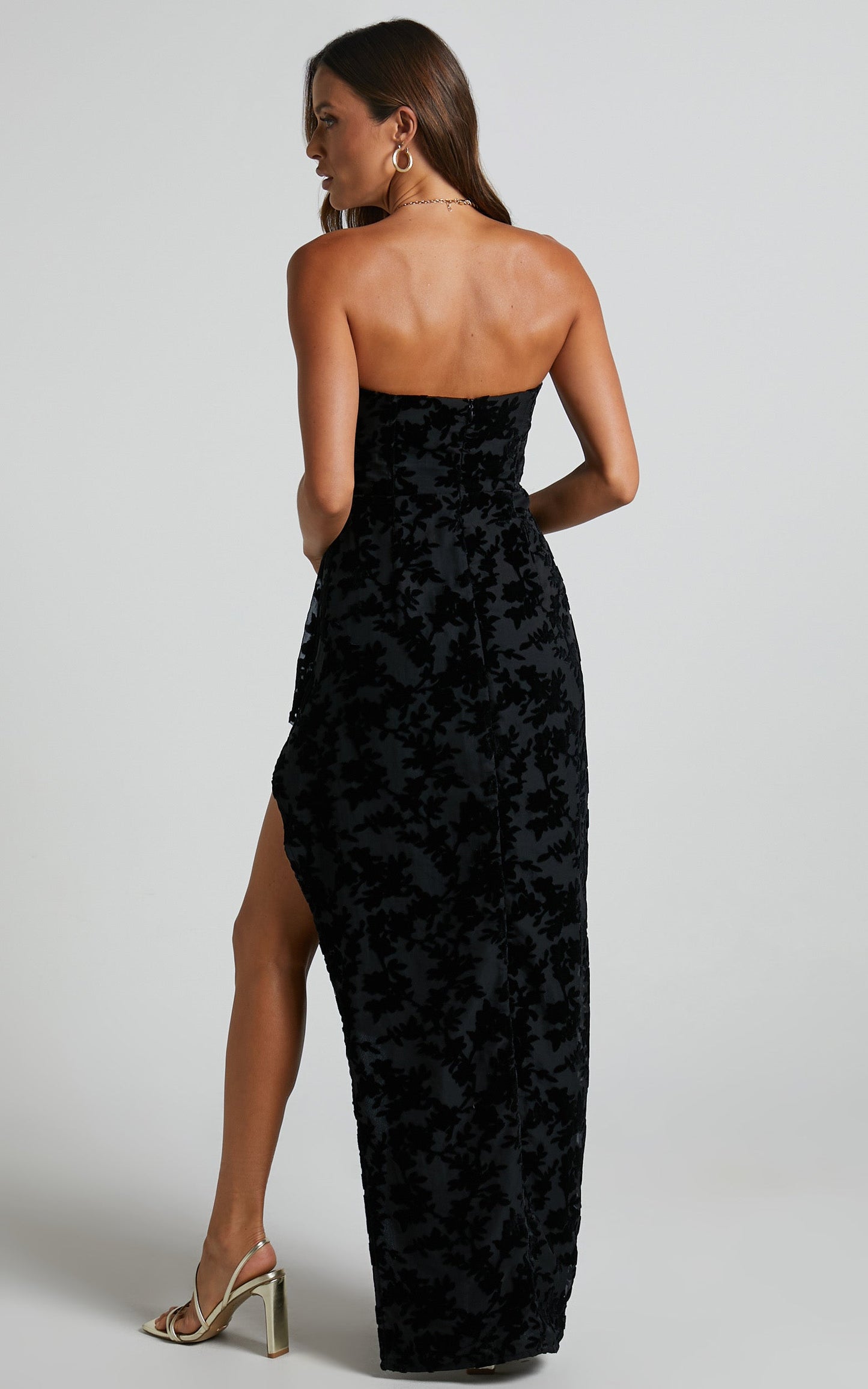 Arisa Midi Dress - Strapless Velvet Burnout Ruffle Dress in Black