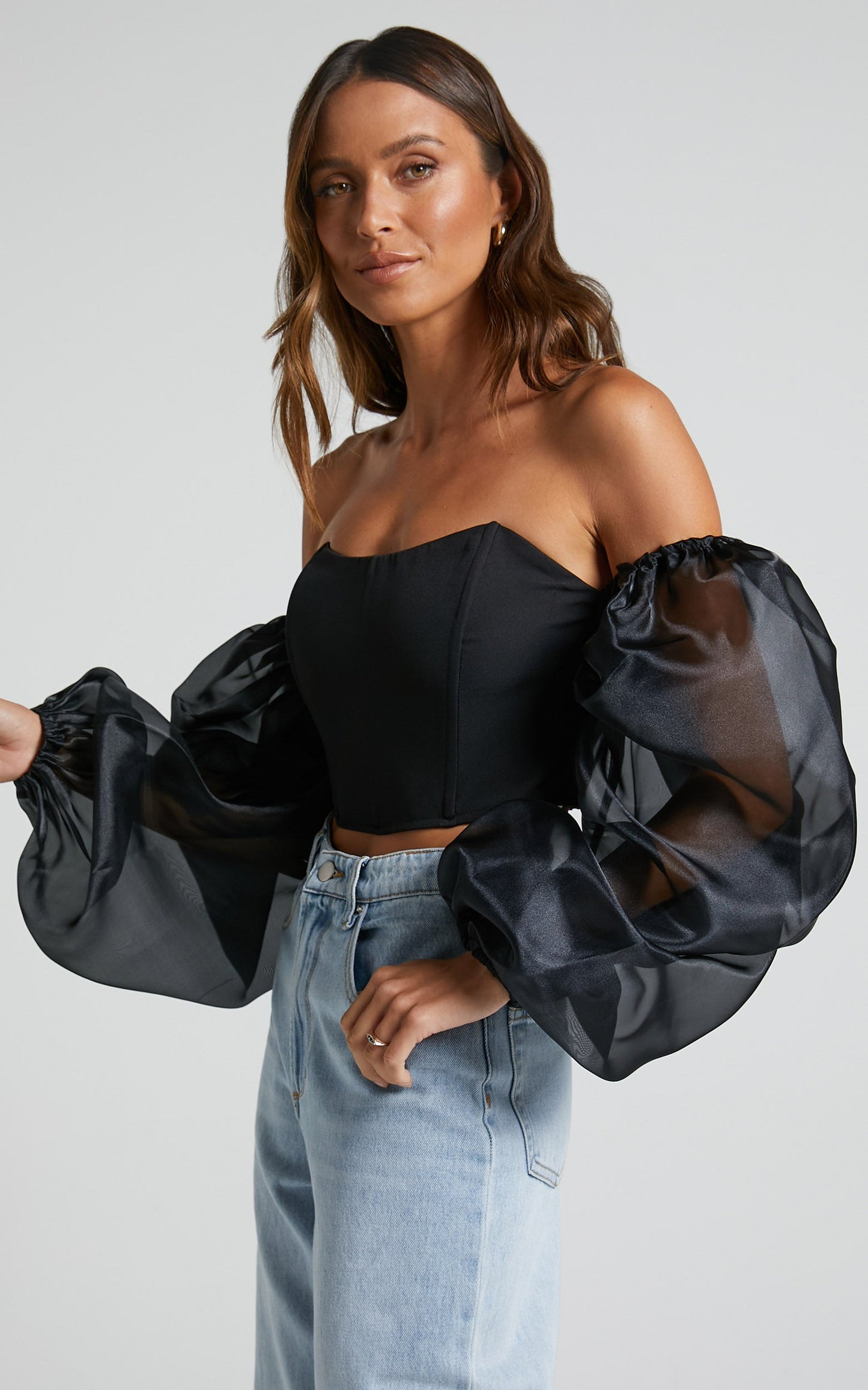 Armanda Top -  Sheer Puff Sleeve Corset Bustier Crop Top in Black