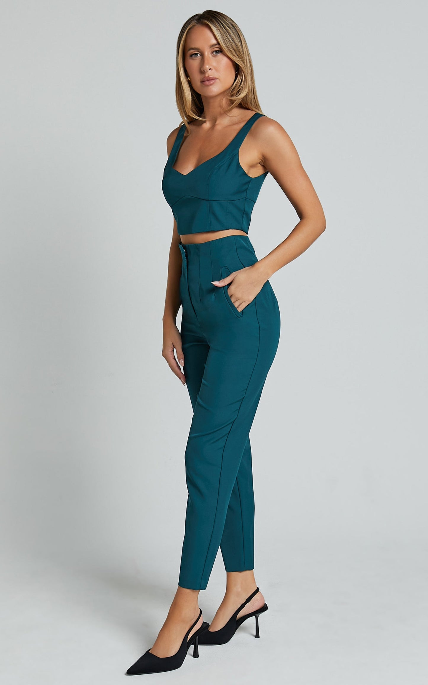Armanda Two Piece Set - Crop Top and High Waisted Straight Leg Pants Set in Deep Green