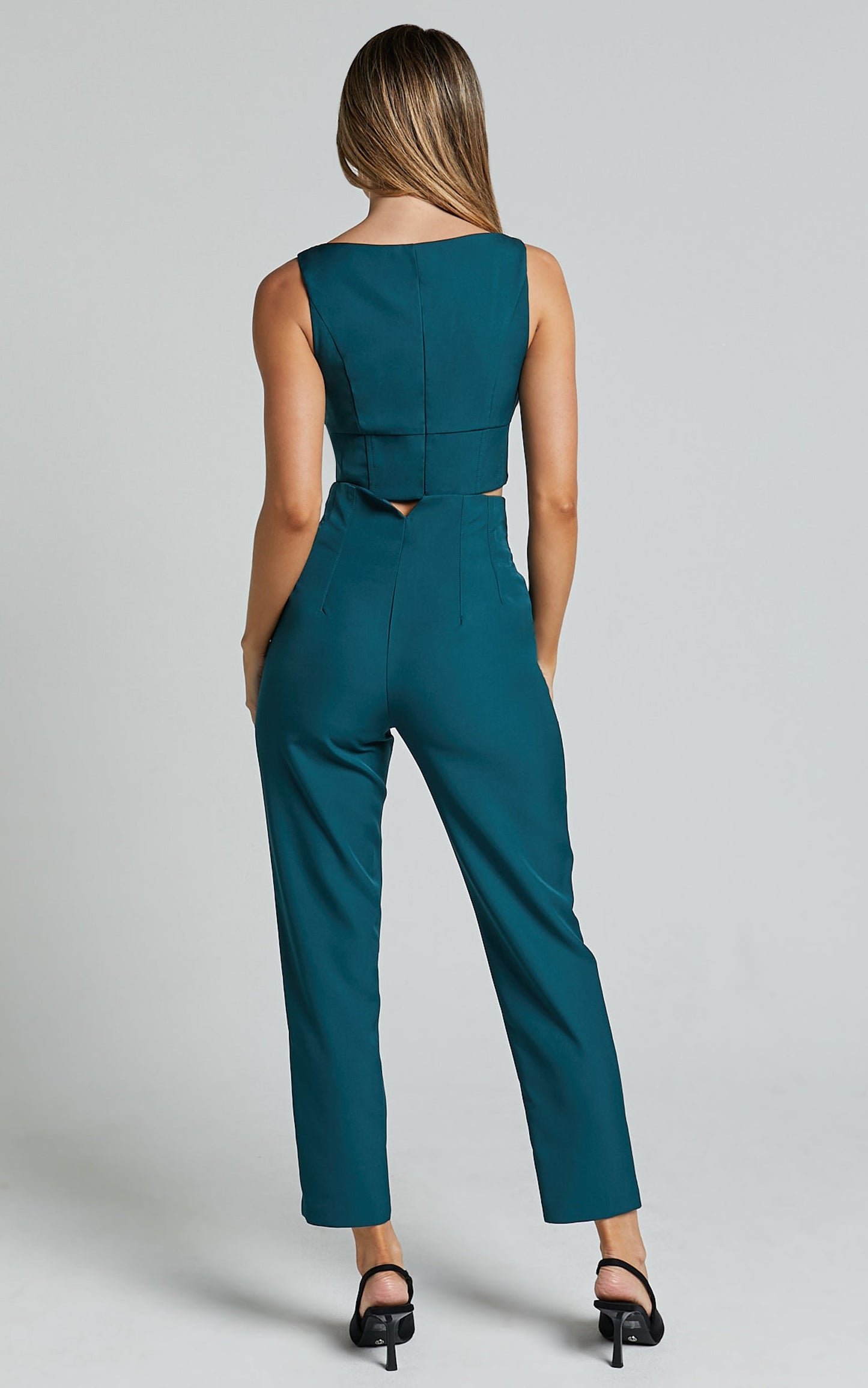 Armanda Two Piece Set - Crop Top and High Waisted Straight Leg Pants Set in Deep Green
