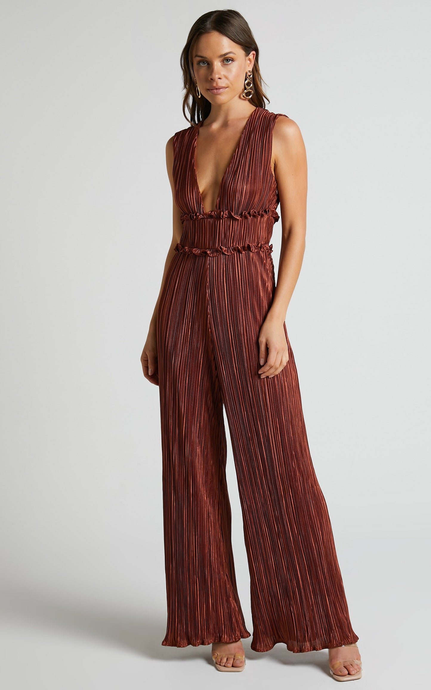 Armida Jumpsuit - Plunge Neck Wide Leg Plisse Jumpsuit in Copper