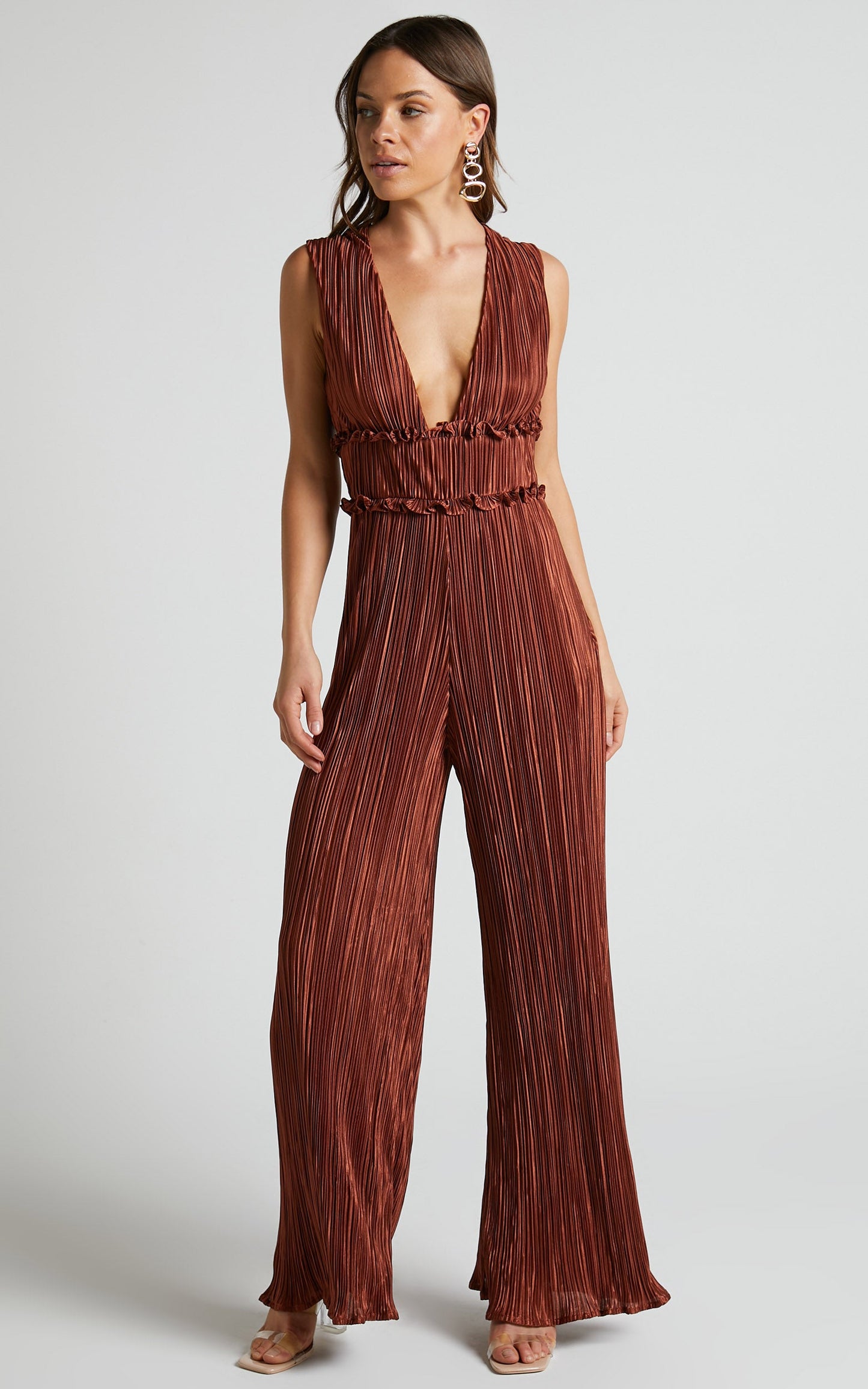 Armida Jumpsuit - Plunge Neck Wide Leg Plisse Jumpsuit in Copper