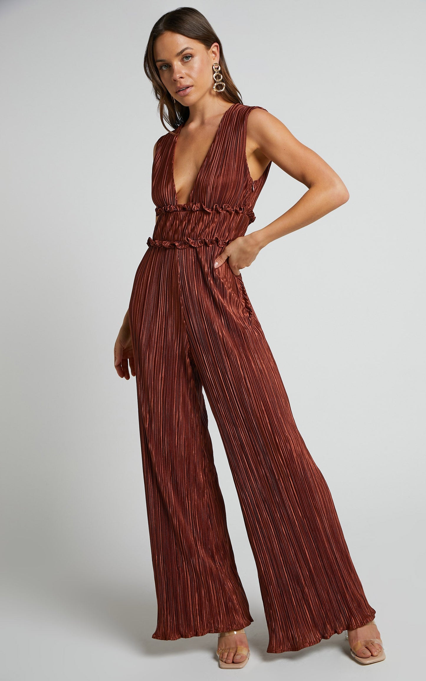 Armida Jumpsuit - Plunge Neck Wide Leg Plisse Jumpsuit in Copper