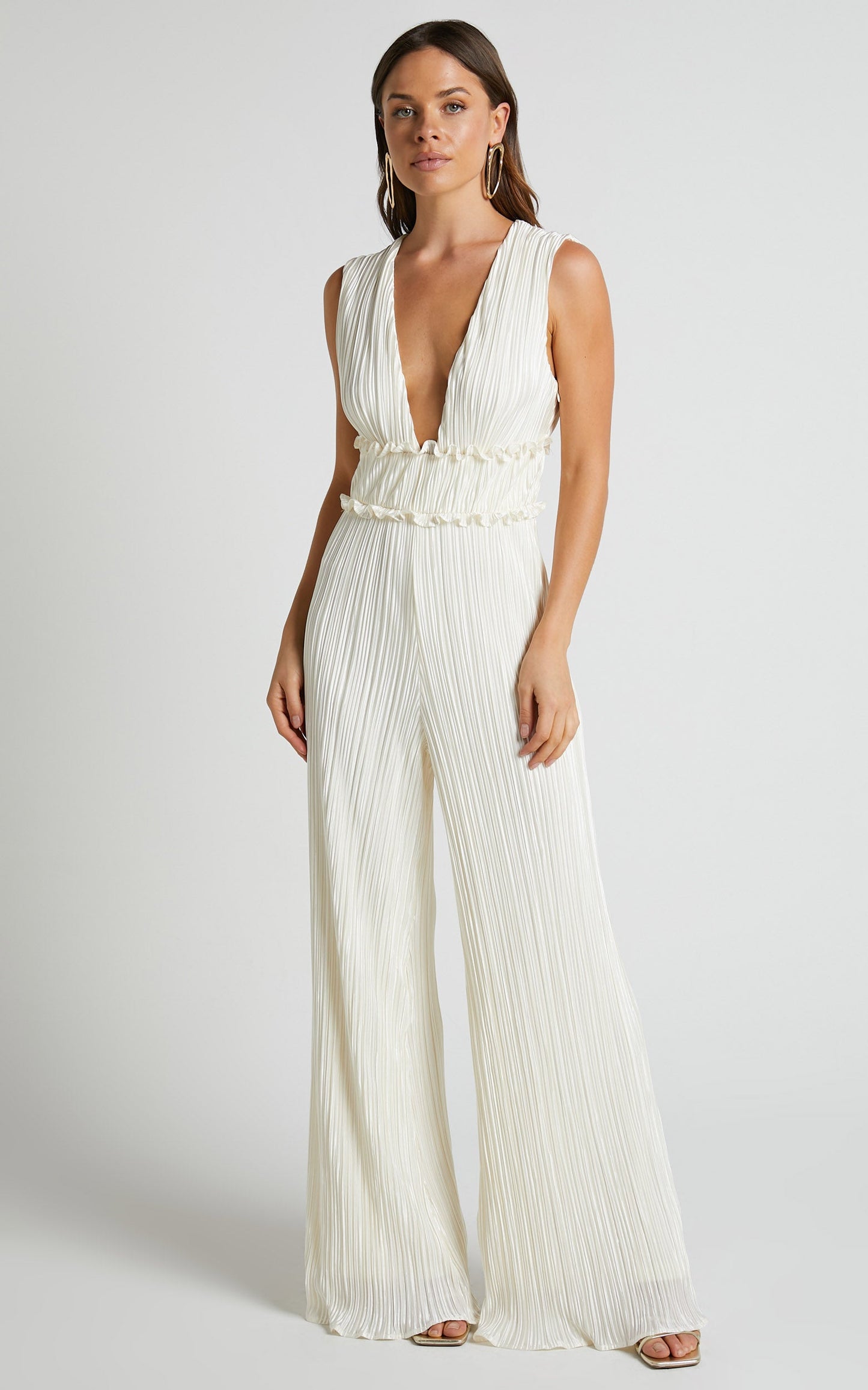 Armida Jumpsuit - Plunge Neck Wide Leg Plisse Jumpsuit in Cream