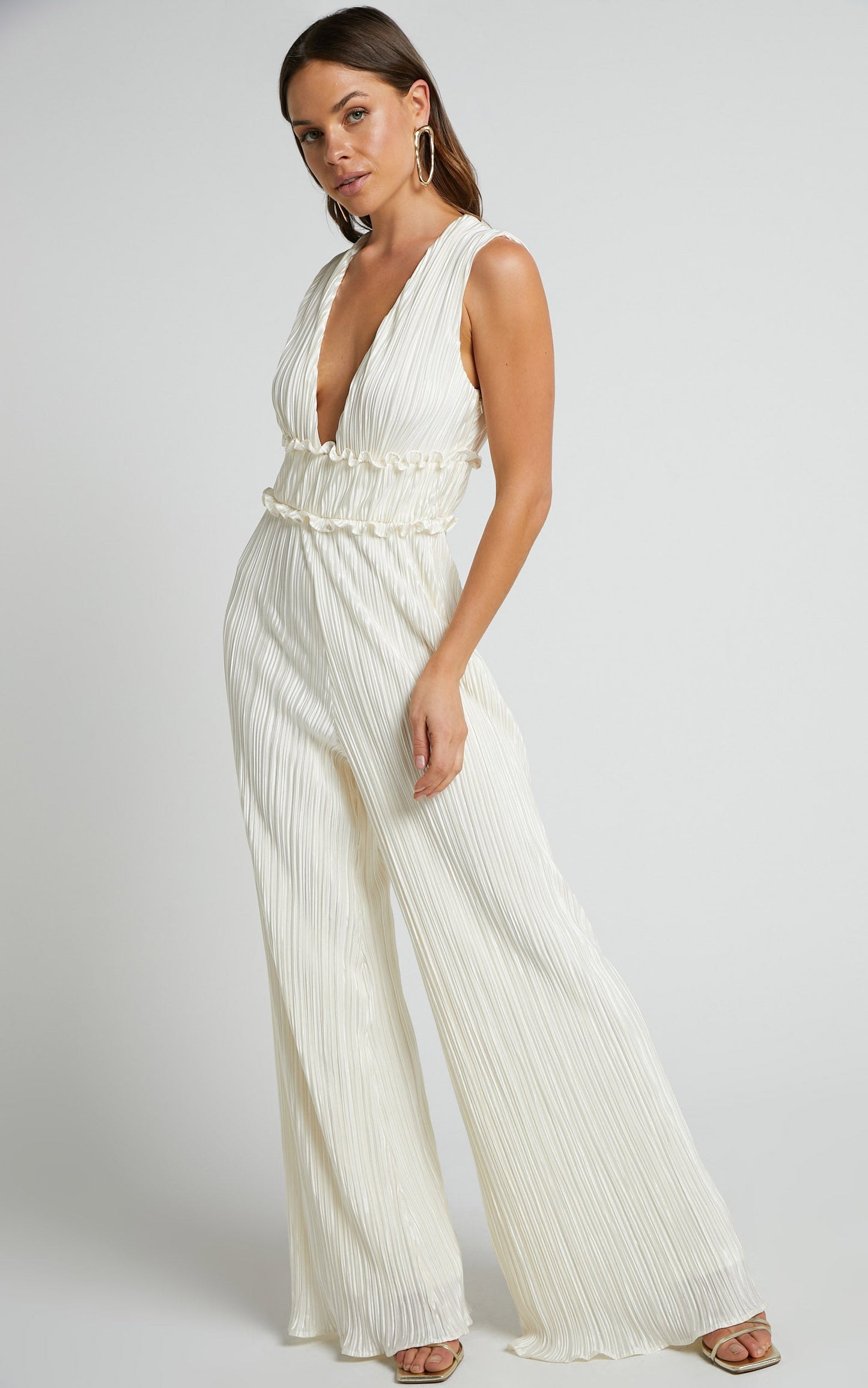 Armida Jumpsuit - Plunge Neck Wide Leg Plisse Jumpsuit in Cream