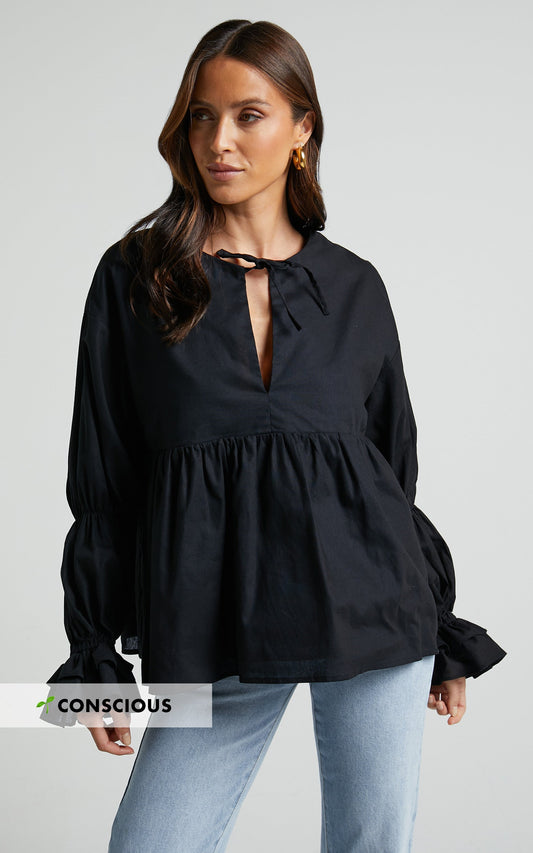 Arthur Top - Linen Look Long Sleeve V Neck Tiered Top in Black