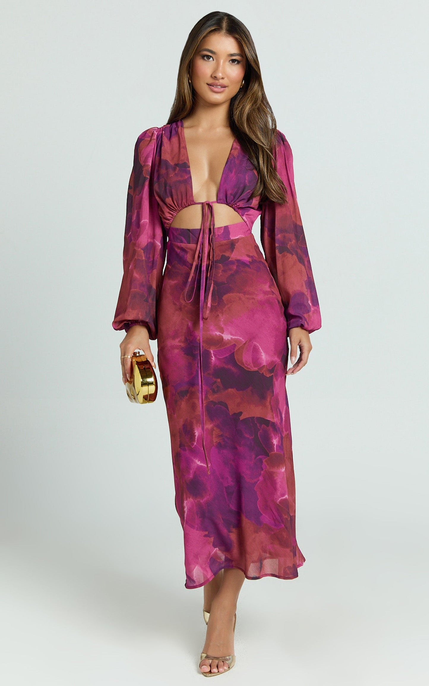 Artola Midi Dress - Front Cut Out Long Sleeve Dress in Blurred Dreams