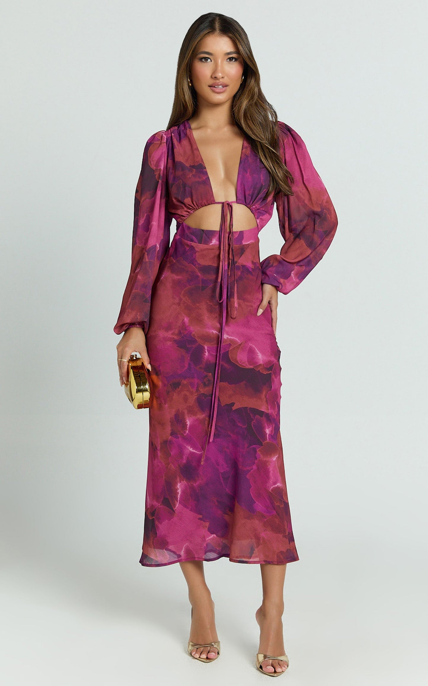 Artola Midi Dress - Front Cut Out Long Sleeve Dress in Blurred Dreams
