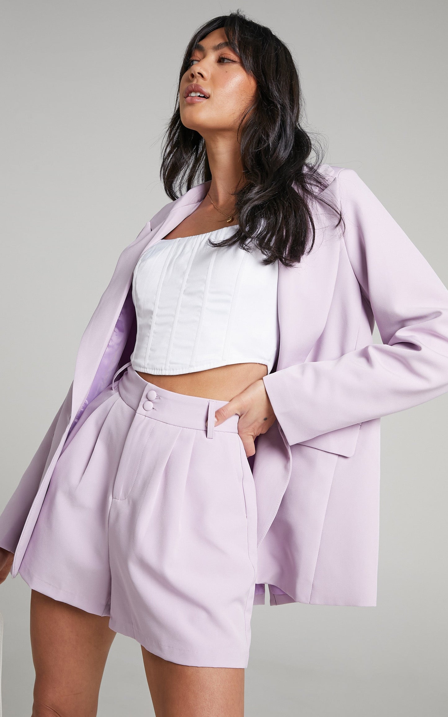 Ashesha High Waisted Tailored Suiting Shorts in Lilac