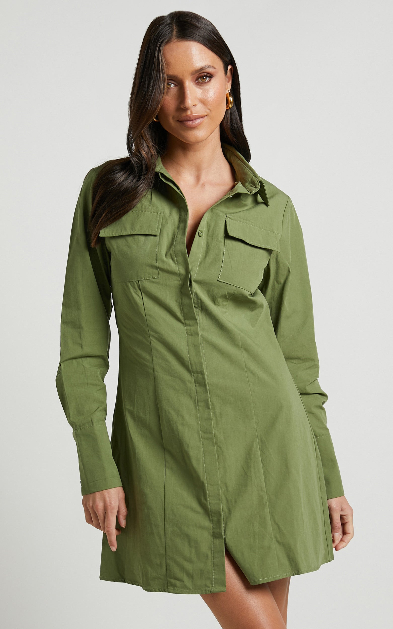 Ashima Mini Dress - A-line Panelled Shirt Dress in Khaki