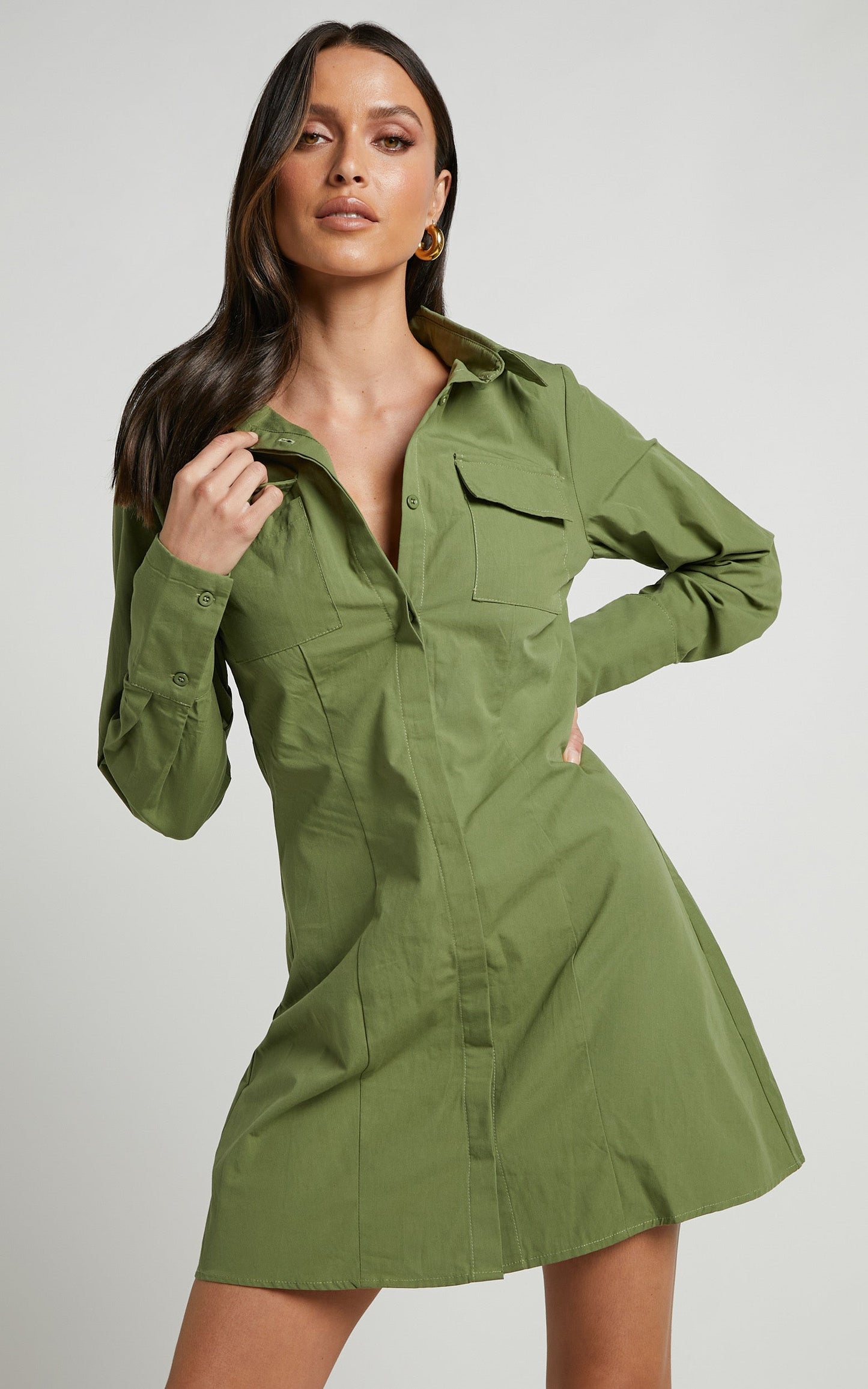 Ashima Mini Dress - A-line Panelled Shirt Dress in Khaki