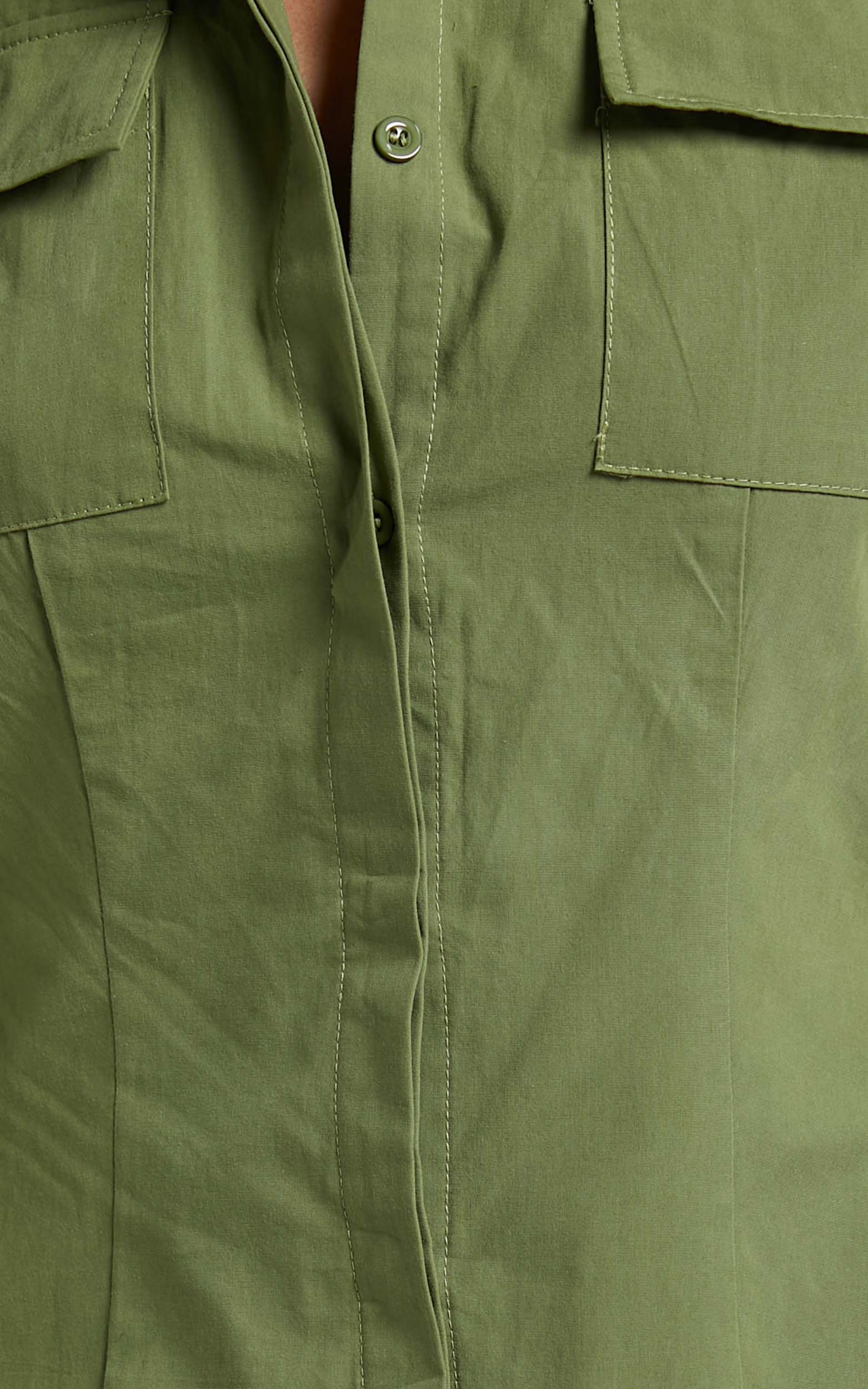 Ashima Mini Dress - A-line Panelled Shirt Dress in Khaki