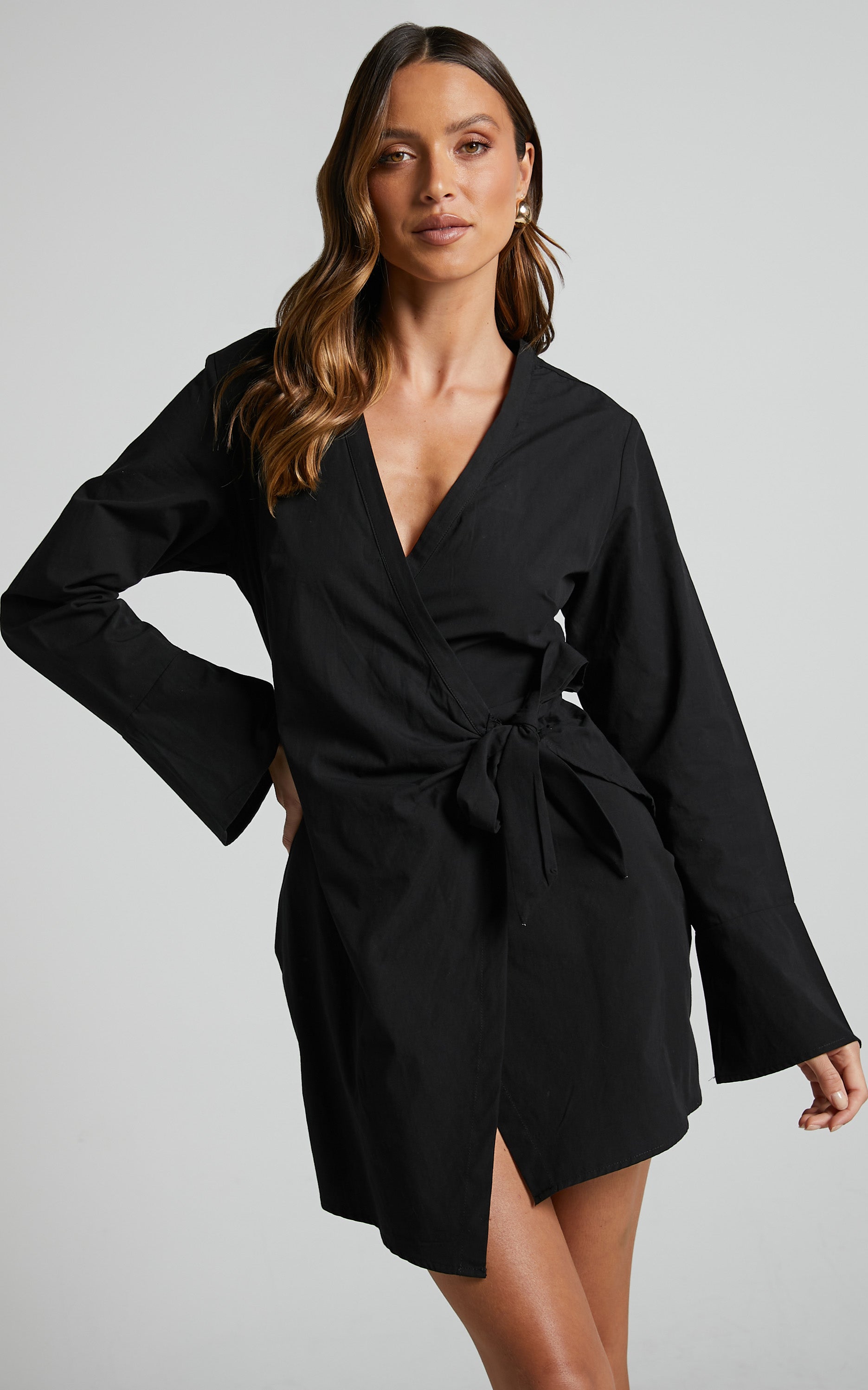 Ashima Mini Dress - Wrap Shirt Dress in Black