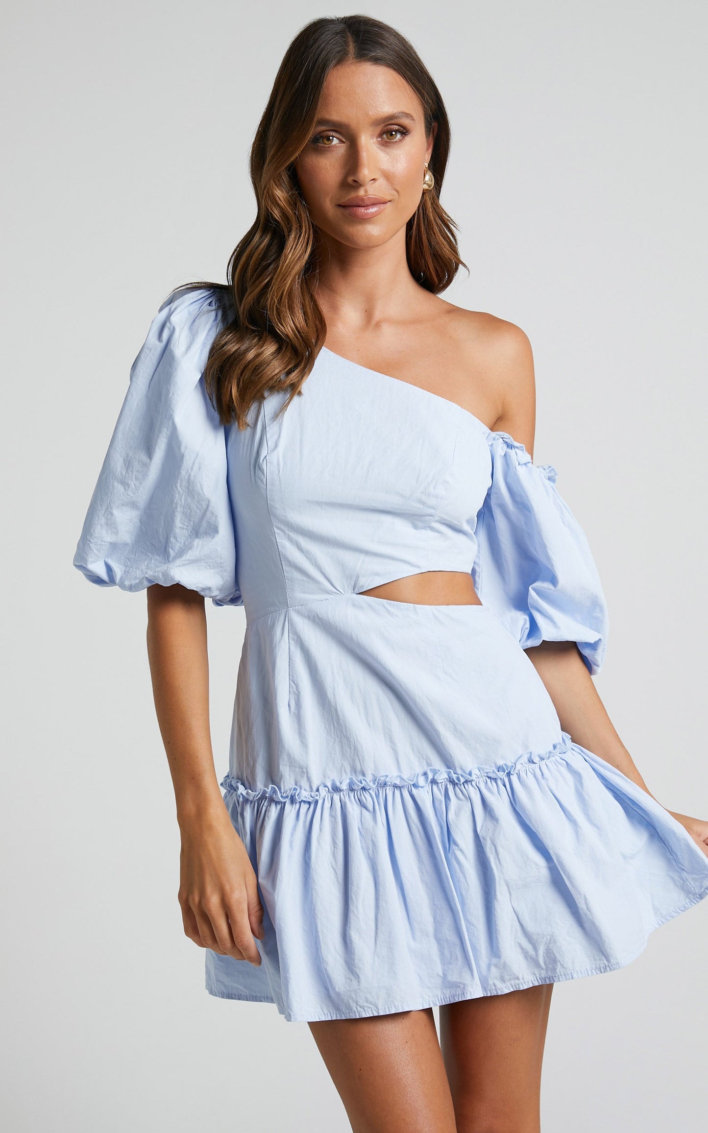 Ashtina Mini Dress - Off One Shoulder Puff Sleeve Dress in Pale Blue