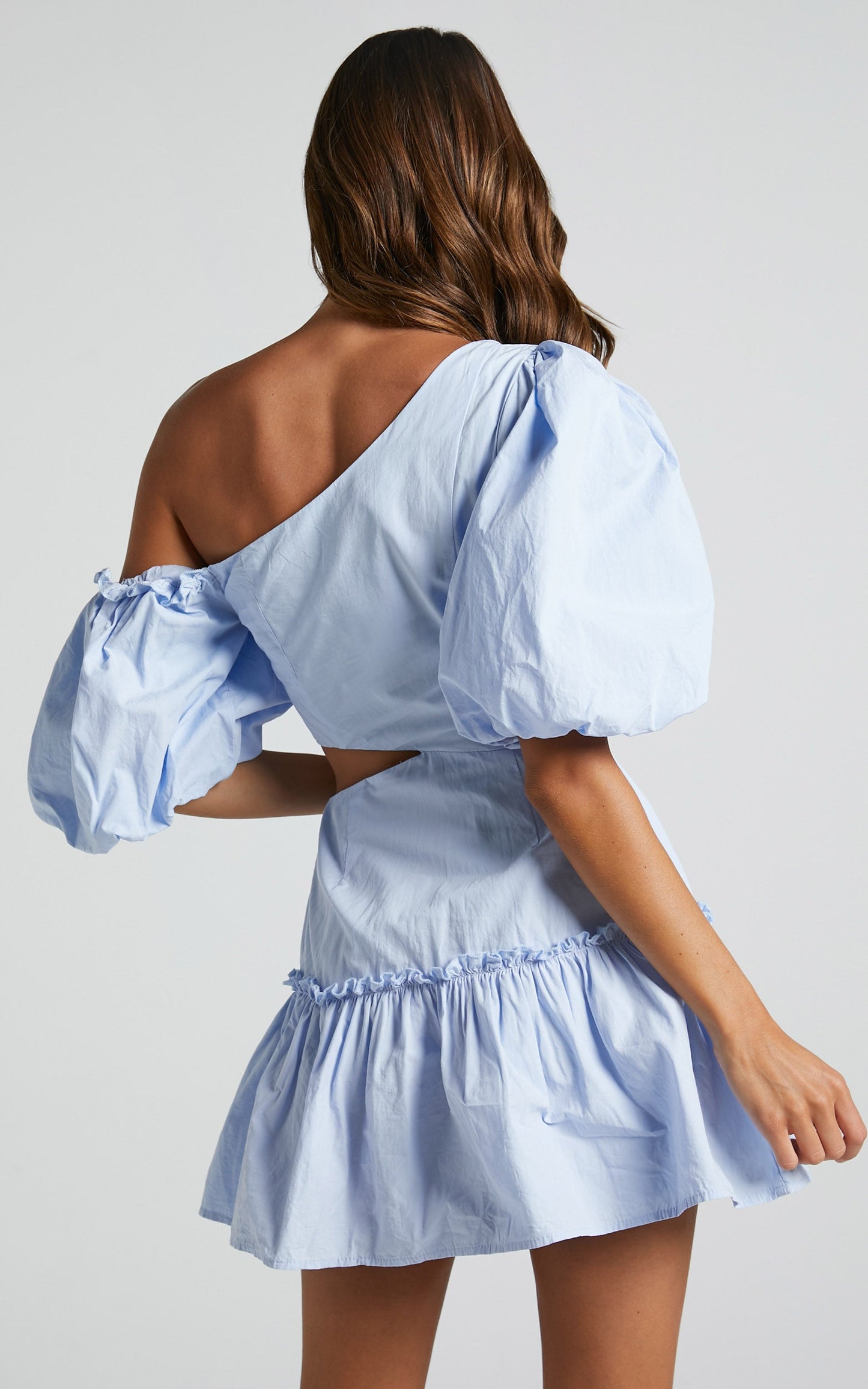 Ashtina Mini Dress - Off One Shoulder Puff Sleeve Dress in Pale Blue
