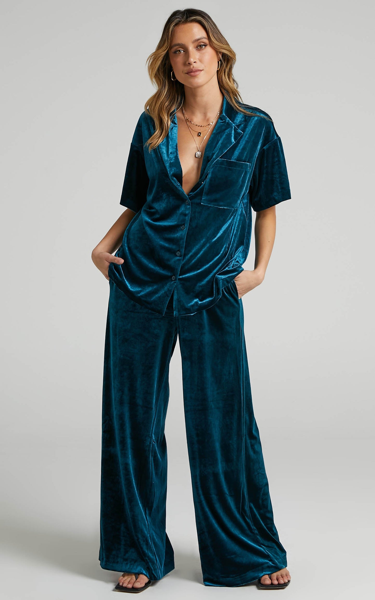 Aspen Pants - High Waisted Elastic Waist Wide Leg Pants in Petrol Velvet