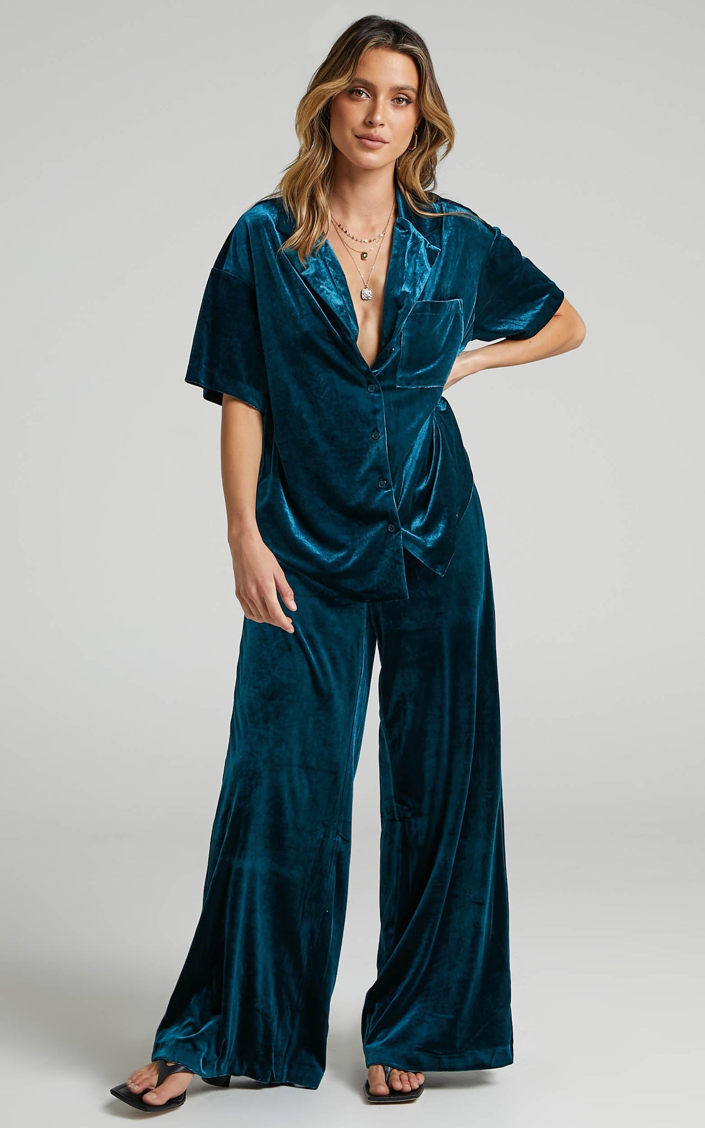 Aspen Pants - High Waisted Elastic Waist Wide Leg Pants in Petrol Velvet