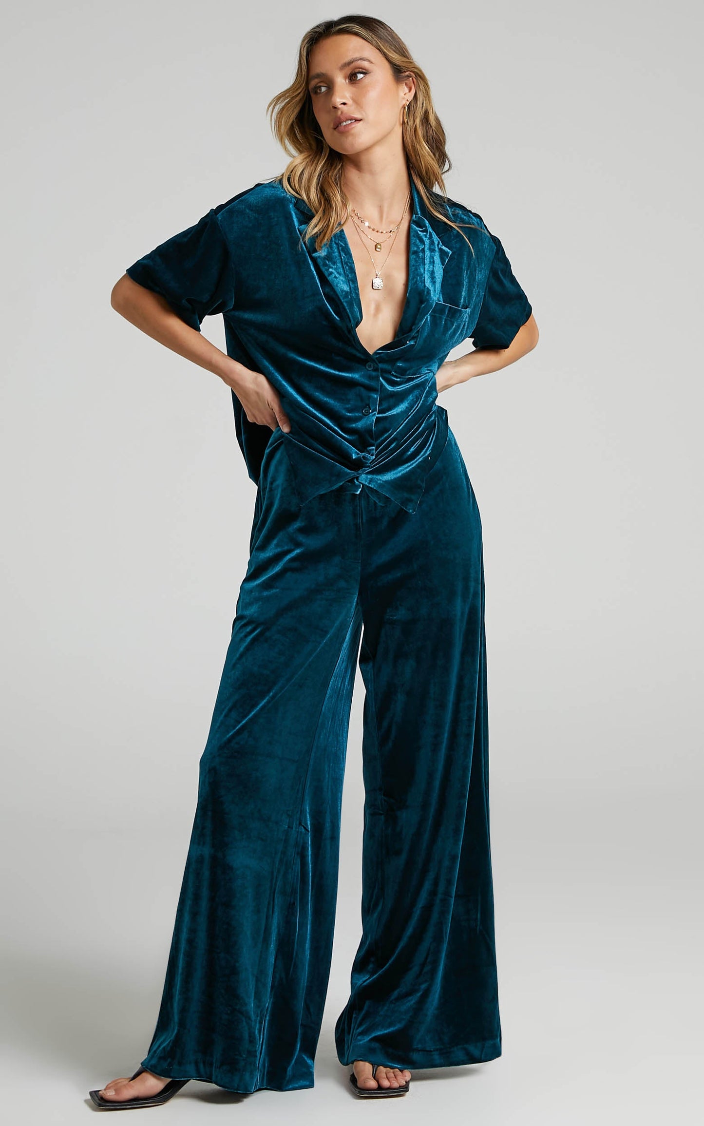 Aspen Pants - High Waisted Elastic Waist Wide Leg Pants in Petrol Velvet