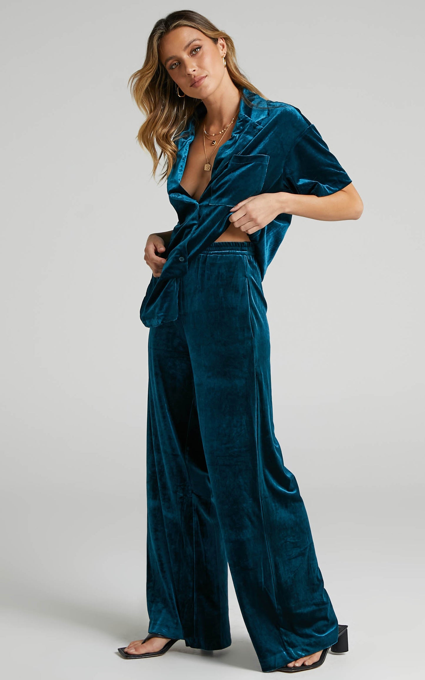 Aspen Pants - High Waisted Elastic Waist Wide Leg Pants in Petrol Velvet