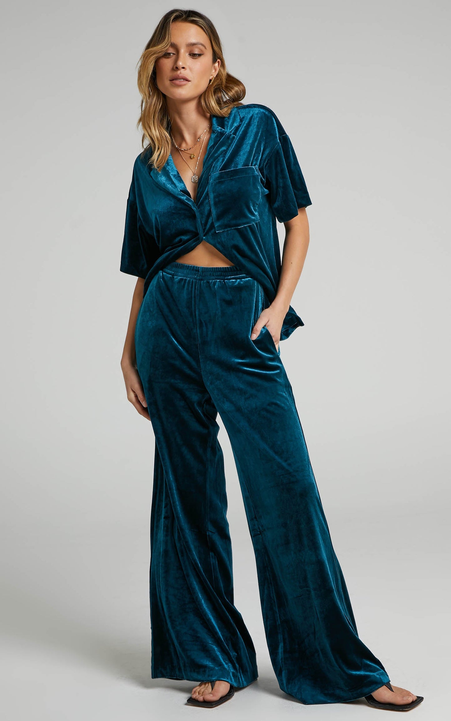 Aspen Pants - High Waisted Elastic Waist Wide Leg Pants in Petrol Velvet