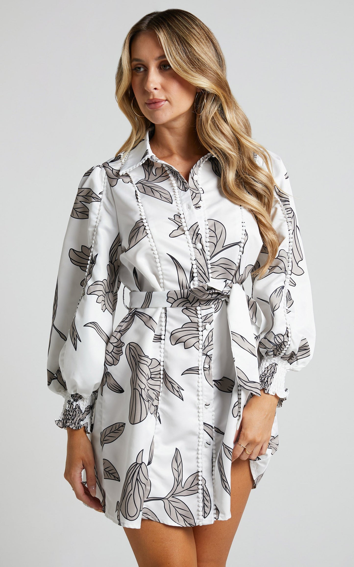 Aspen Mini Dress - Long Sleeve Button Through Tie Waist Balloon Sleeve Dress in White Floral