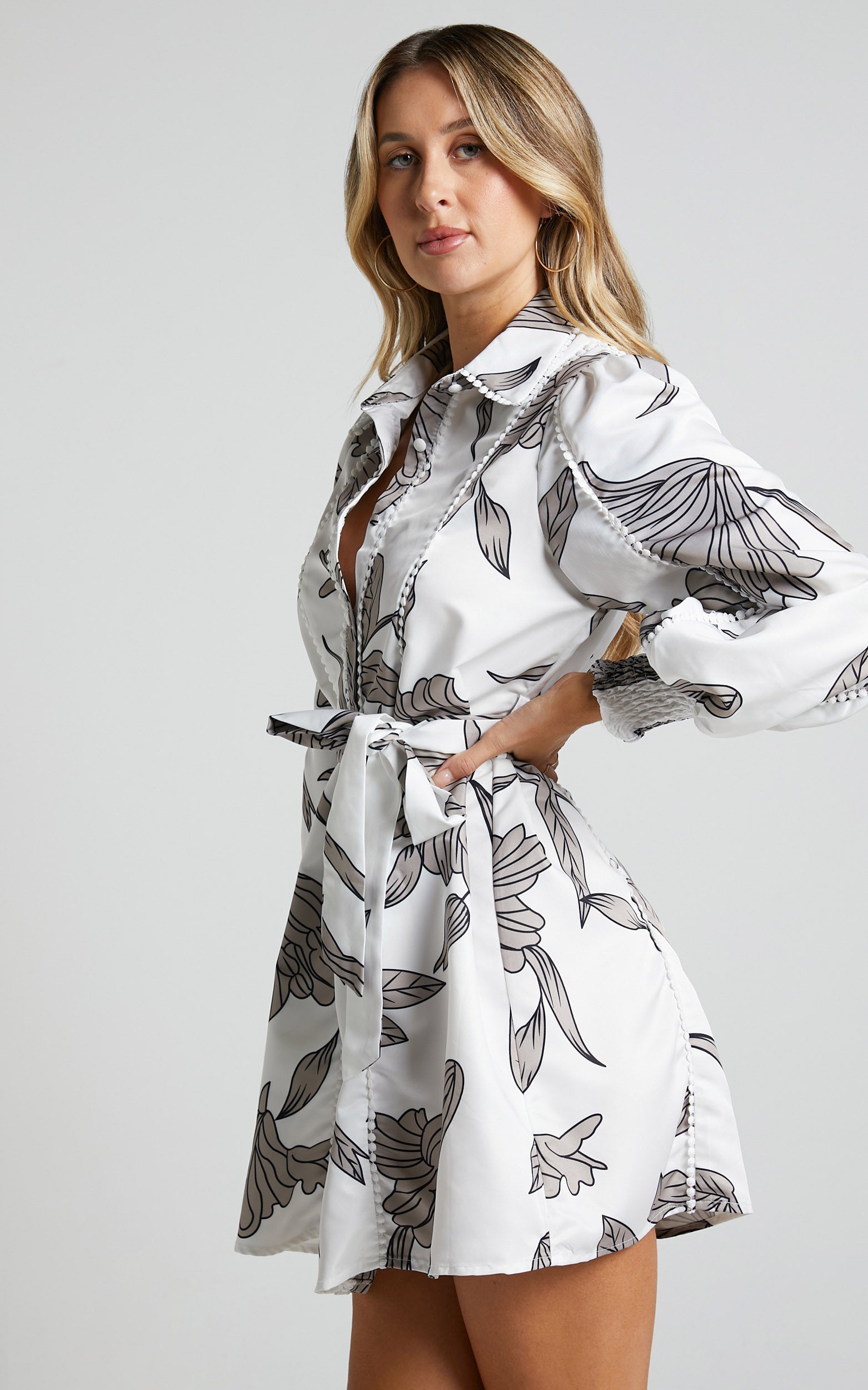 Aspen Mini Dress - Long Sleeve Button Through Tie Waist Balloon Sleeve Dress in White Floral