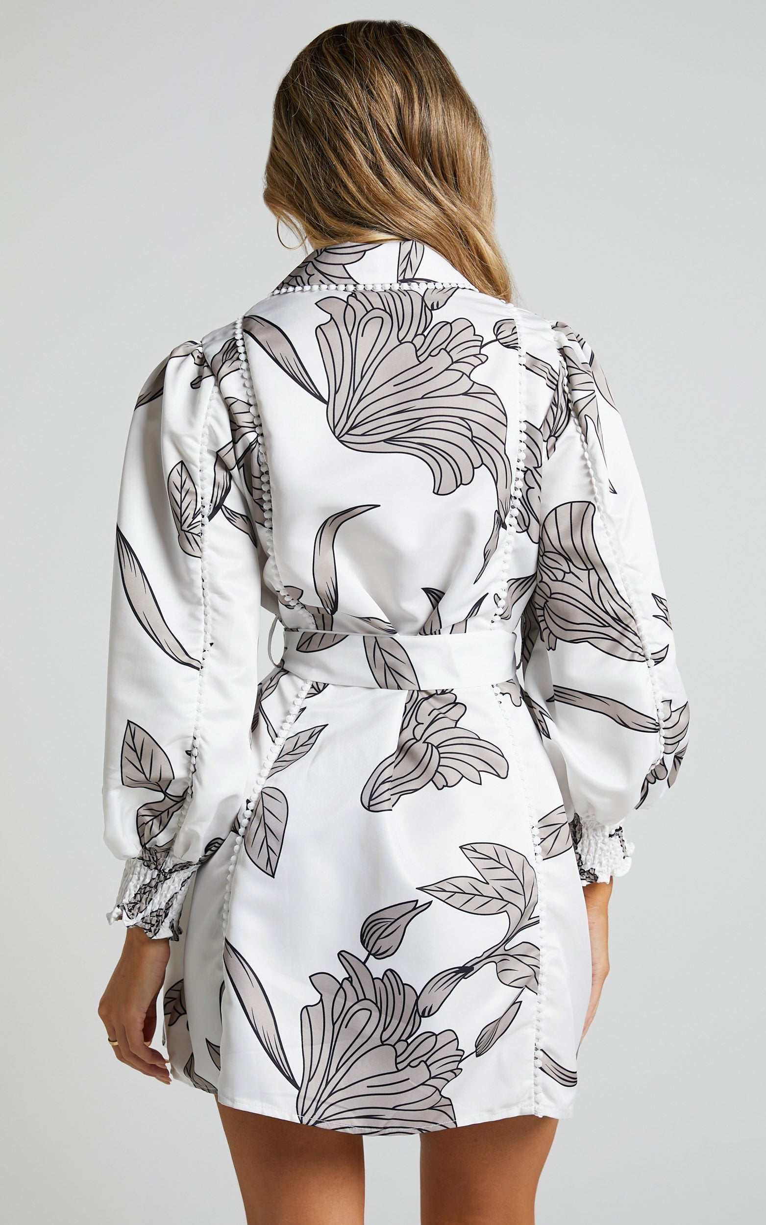 Aspen Mini Dress - Long Sleeve Button Through Tie Waist Balloon Sleeve Dress in White Floral