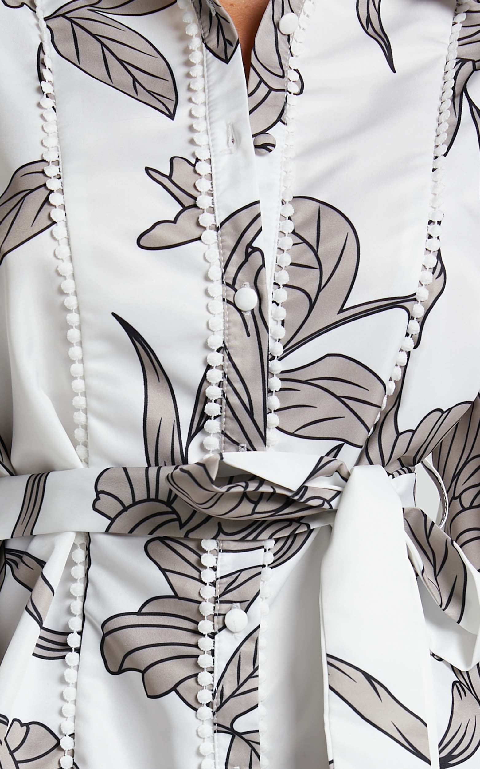 Aspen Mini Dress - Long Sleeve Button Through Tie Waist Balloon Sleeve Dress in White Floral