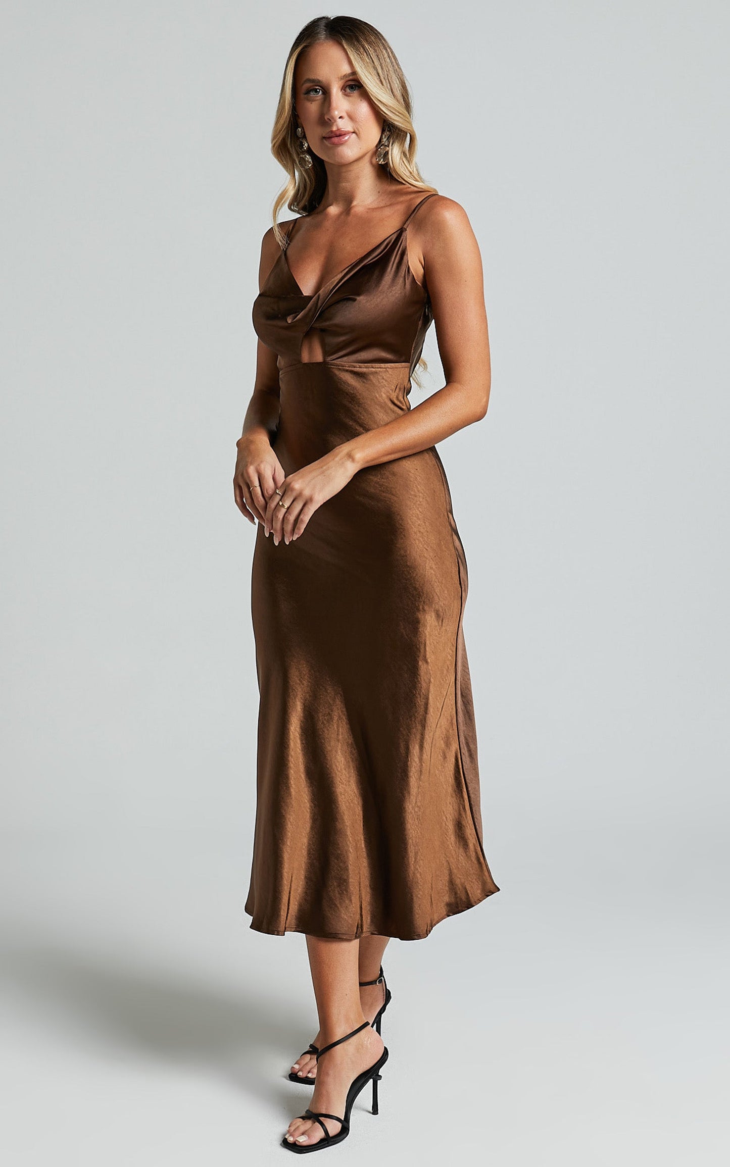Astoria Midi Dress - Satin Bias Cut Twist Front Cut Out Dress in Chocolate